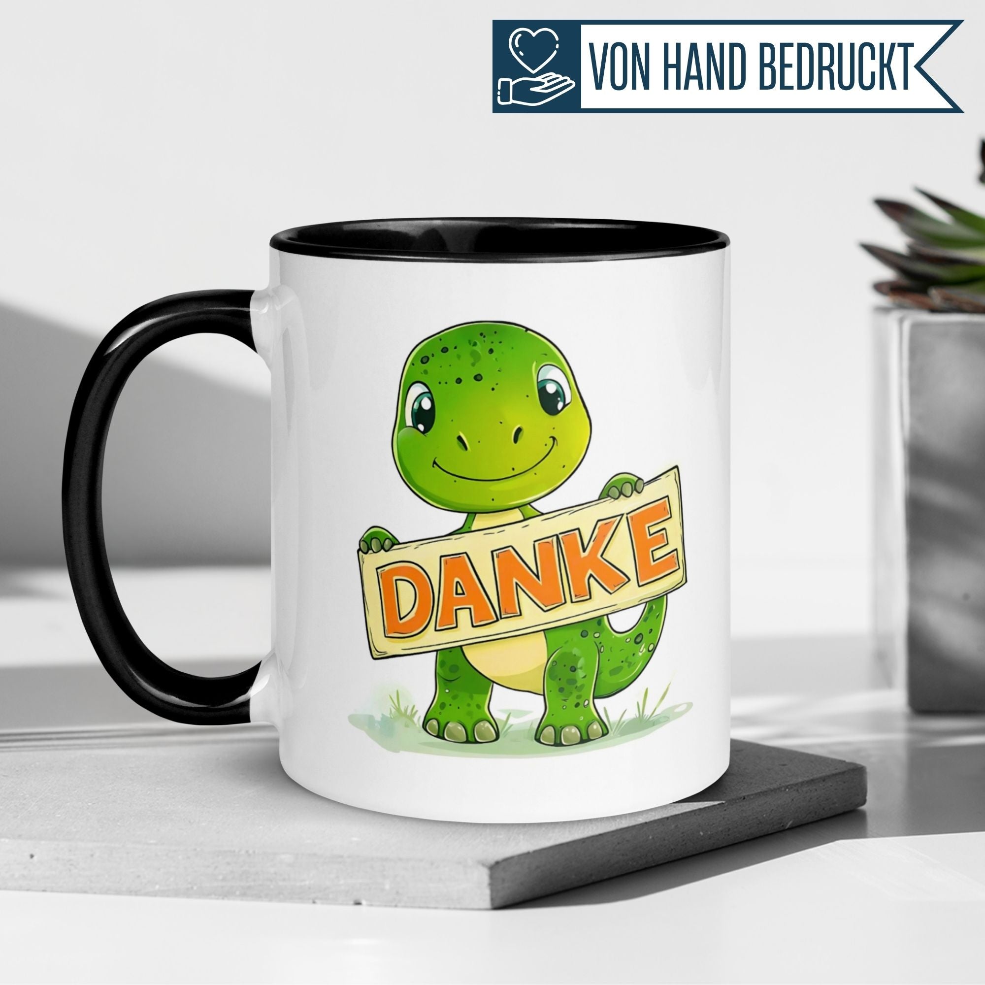 Momentals® Danke Tasse mit fröhlichem Dinosaurier-Motiv für herzliche Gesten und Wertschätzung.