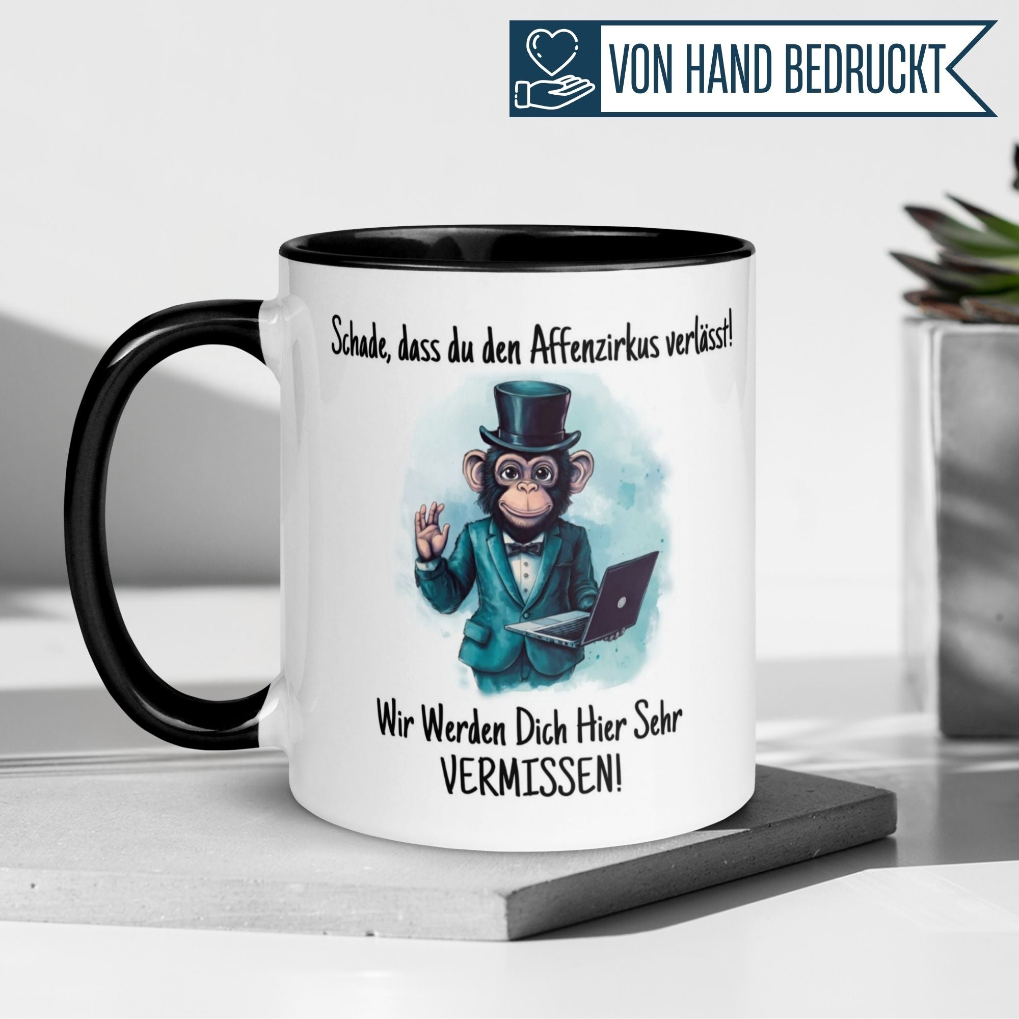Momentals® Tasse mit Affen im Zylinder, Abschiedspruch für Kollegen, humorvolles Geschenk