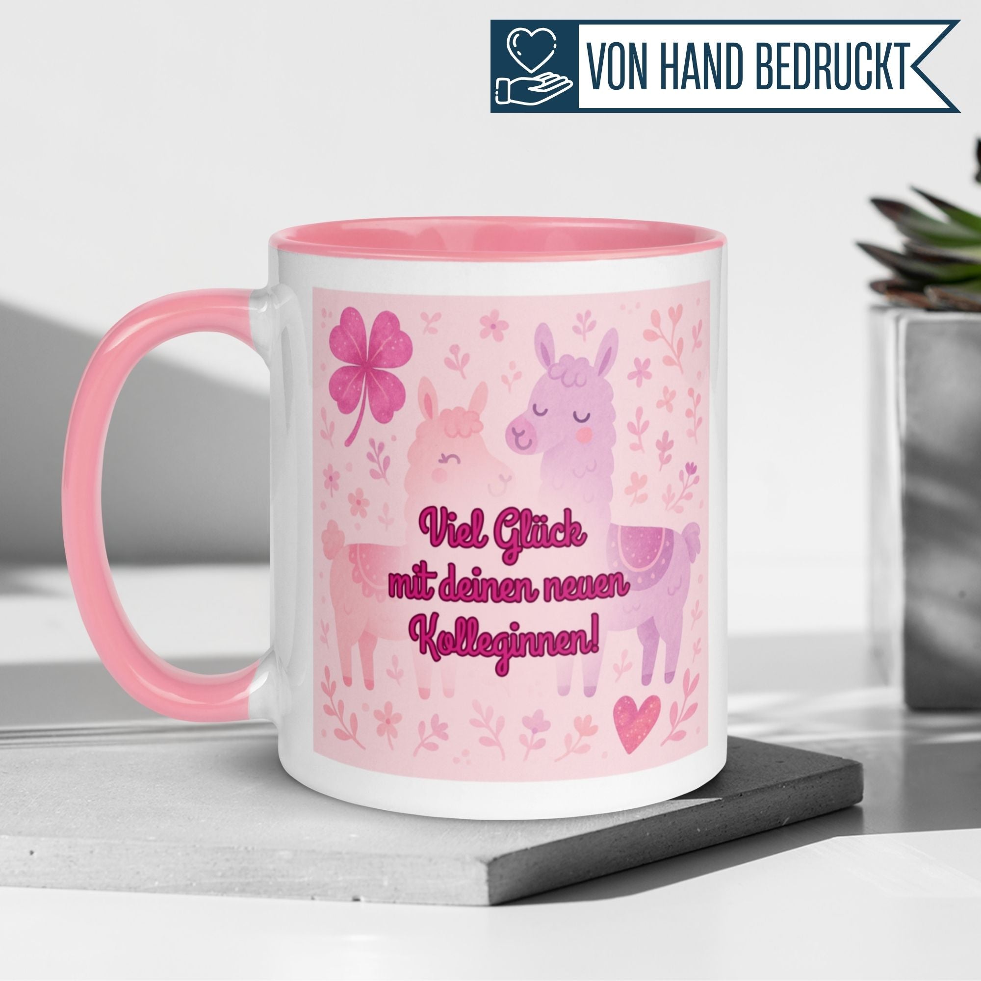 Momentals Tasse mit pinkem Rand, Lamas und Spruch "Viel Glück mit deinen neuen Kolleginnen!".