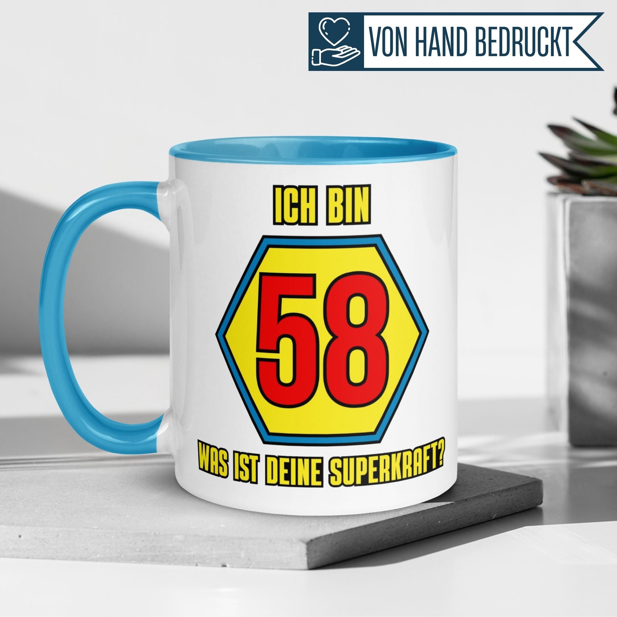 Momentals® Tasse 58. Geburtstag | Superheld & Spruch | Ich bin 58 und was ist deine Superkraft