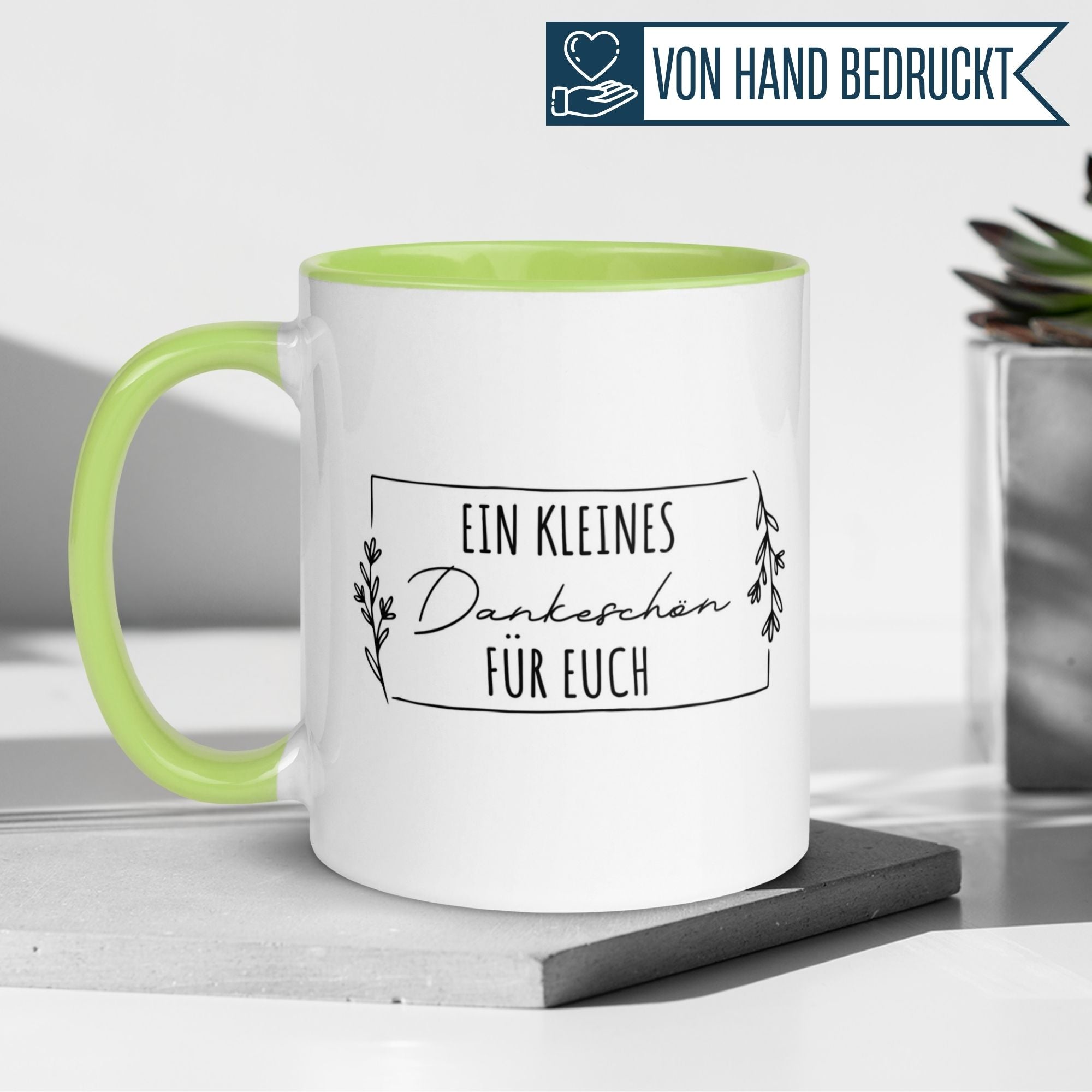 Momentals Tasse Danke mit grünem Henkel, Motiv: "Ein kleines Dankeschön für euch"