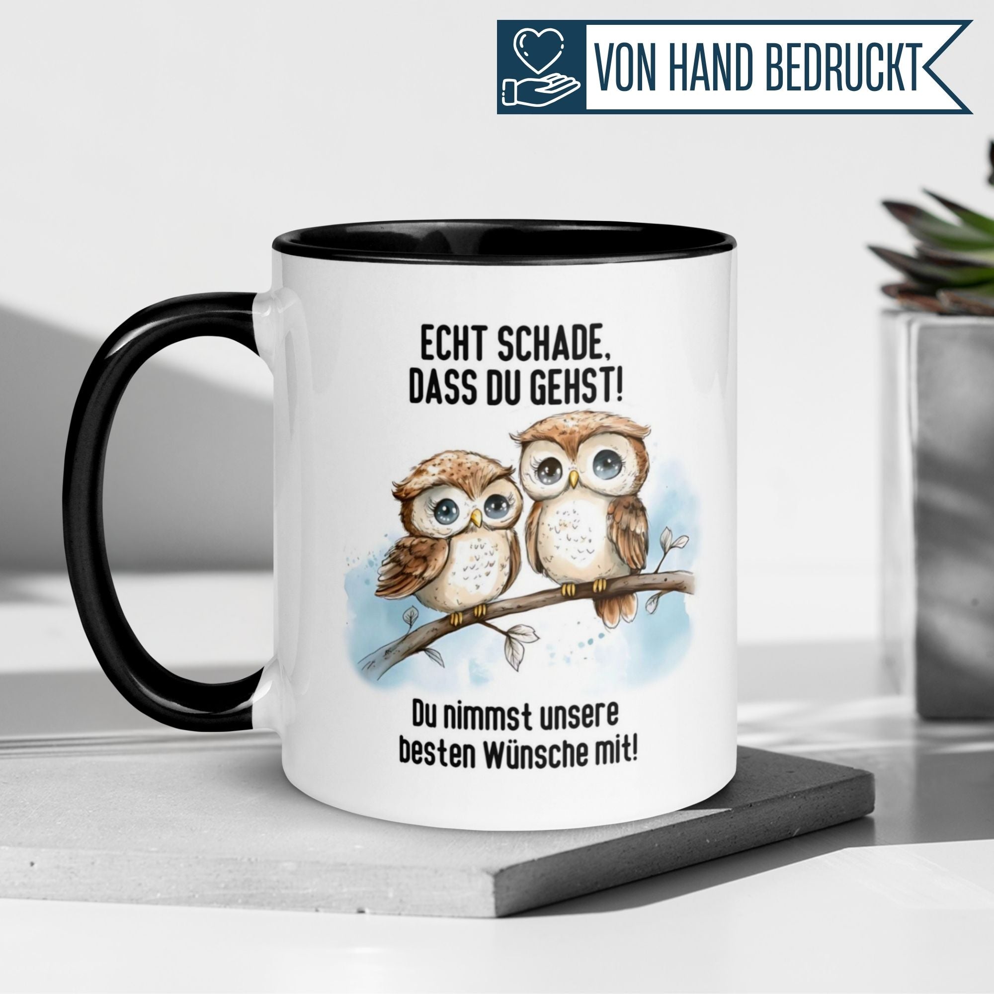 Momentals Tasse mit Eulen und Abschiedsspruch, ideal als Geschenk für Kollegen.