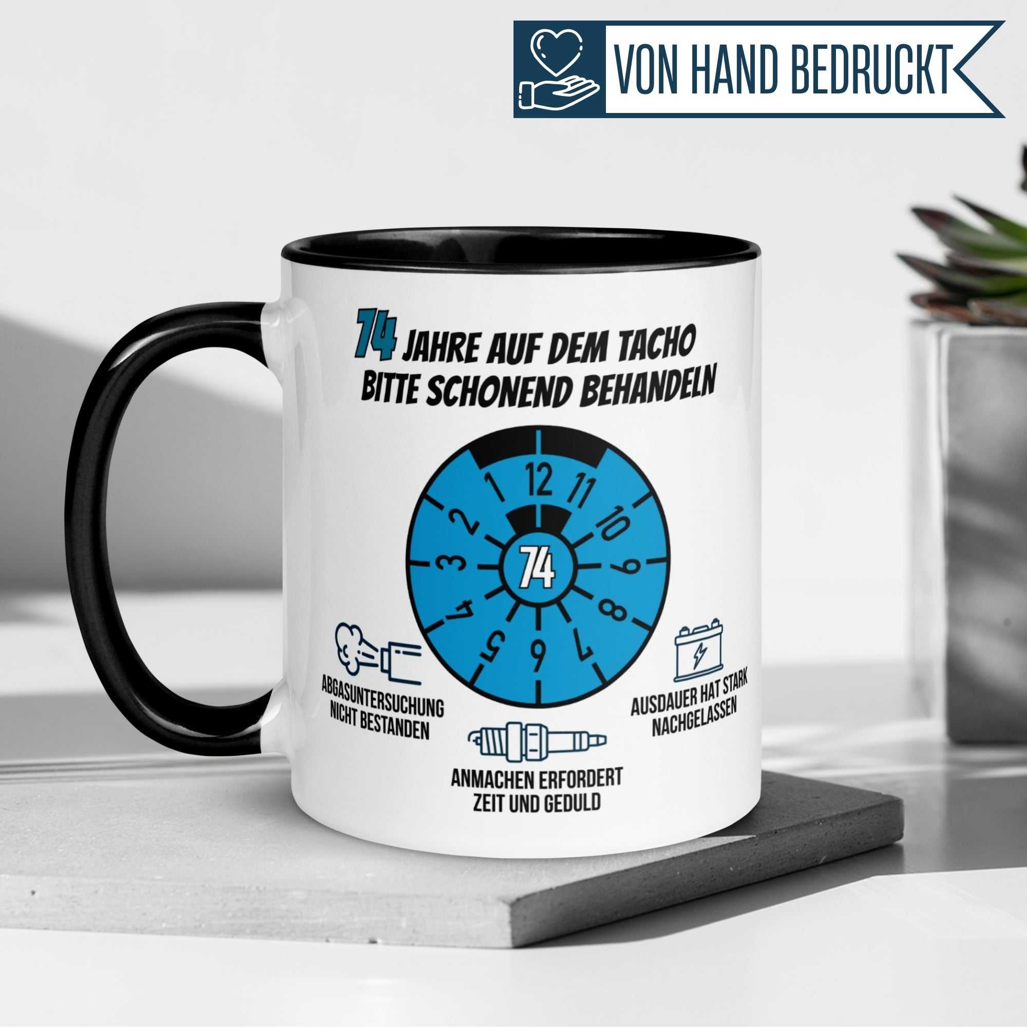 Momentals® Tasse 74. Geburtstag | Siegel & Spruch | 74 Jahre auf dem Tacho - Schonend behandeln