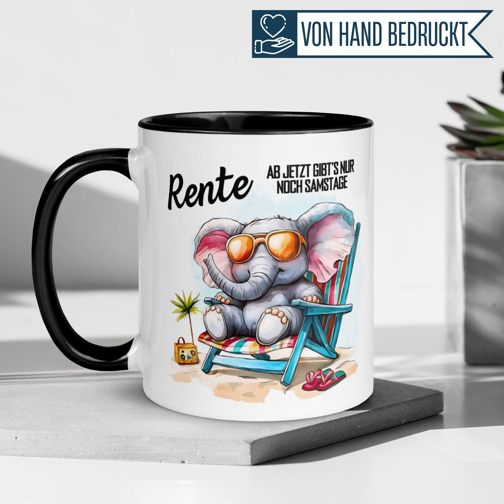 Momentals Tasse Rente mit Elefant in Hängematte und Spruch, perfekte Geschenkidee für Ruheständler.