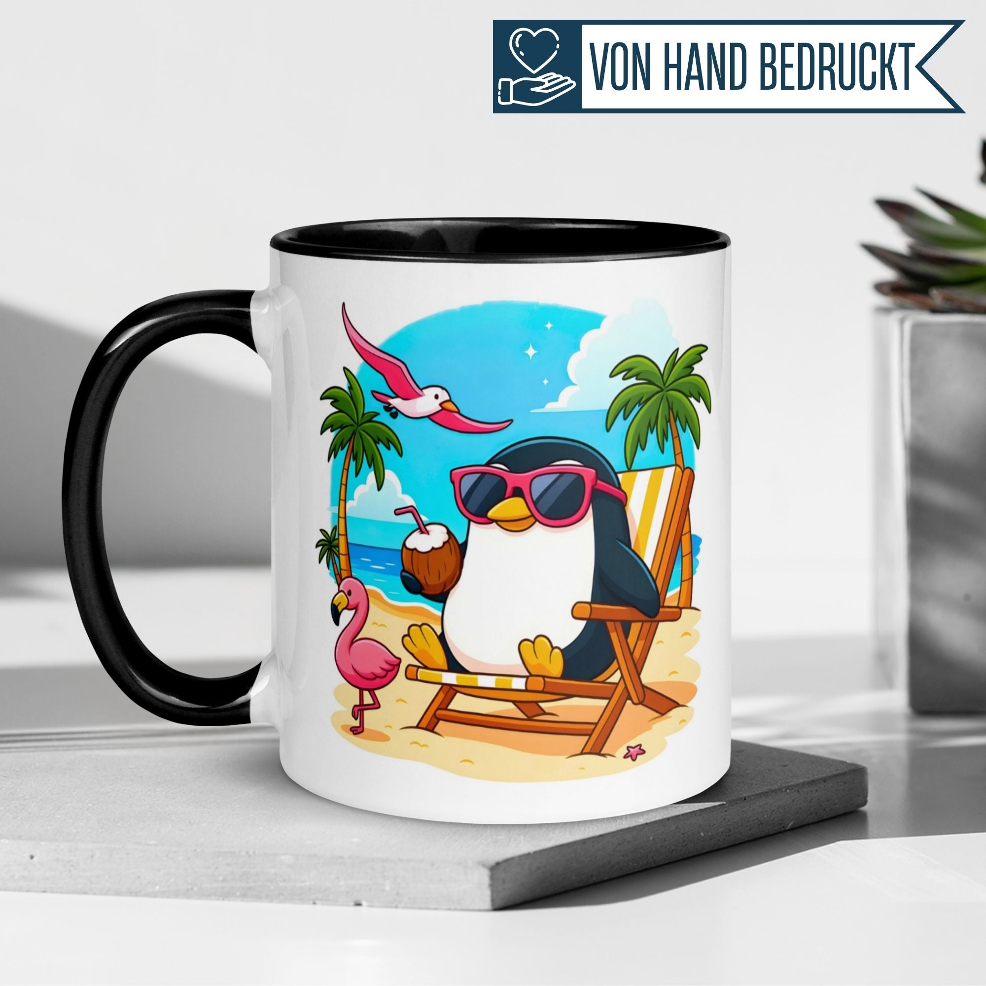 Pinguin Tasse | Chilliger Pinguin am Strand – Bleib cool