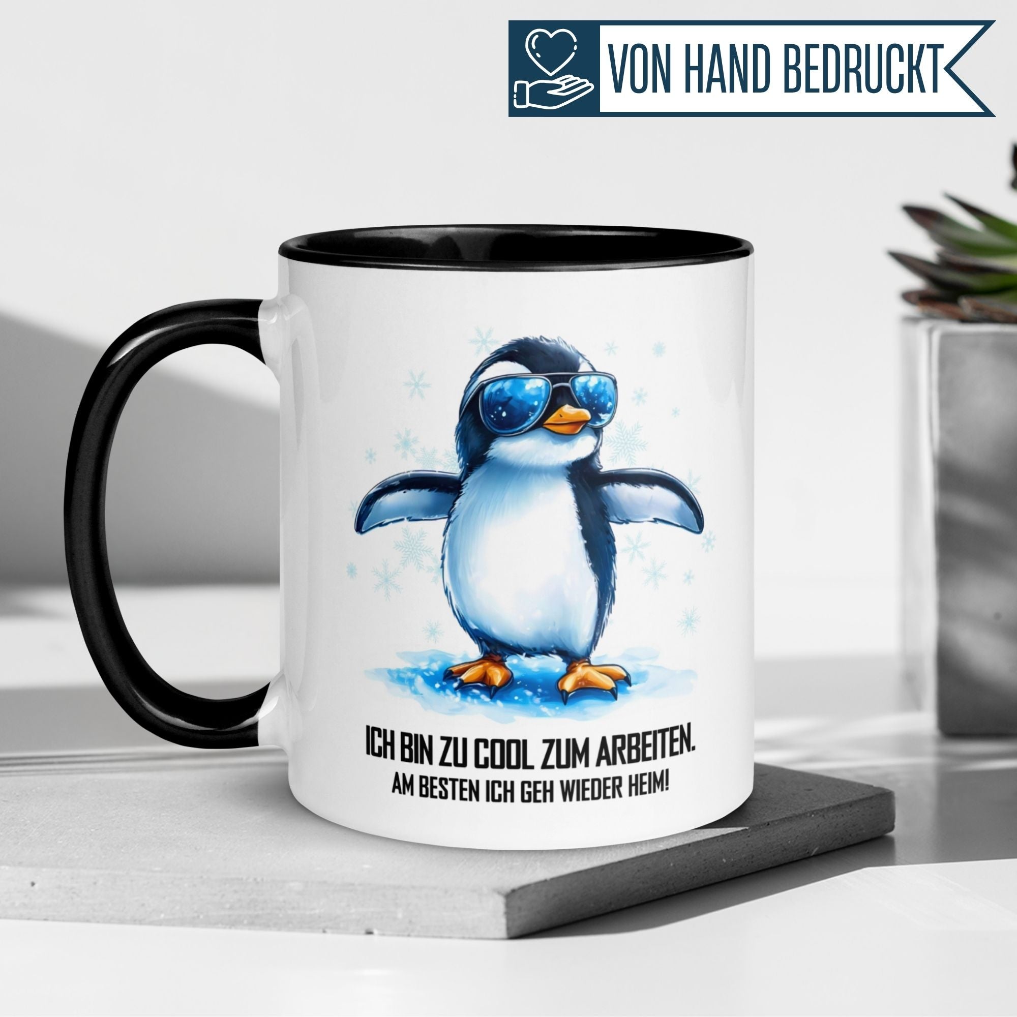 Momentals Tasse mit Pinguin, Spruch "Ich bin zu cool zum Arbeiten", ideal für Morgenmuffel.