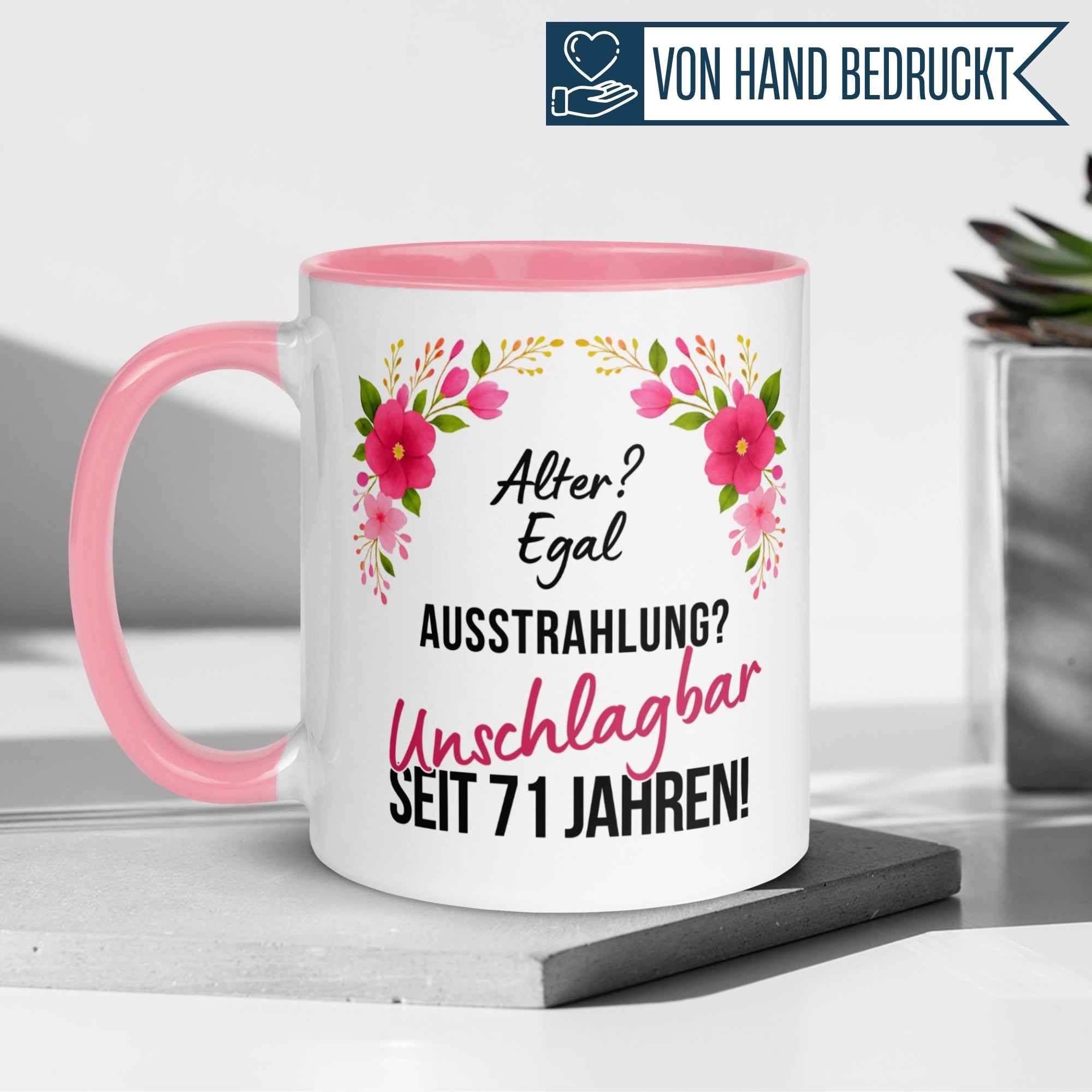 Momentals® Tasse 71. Geburtstag | Blumen & Spruch | Ausstrahlung - Unschlagbar seit 71 Jahren