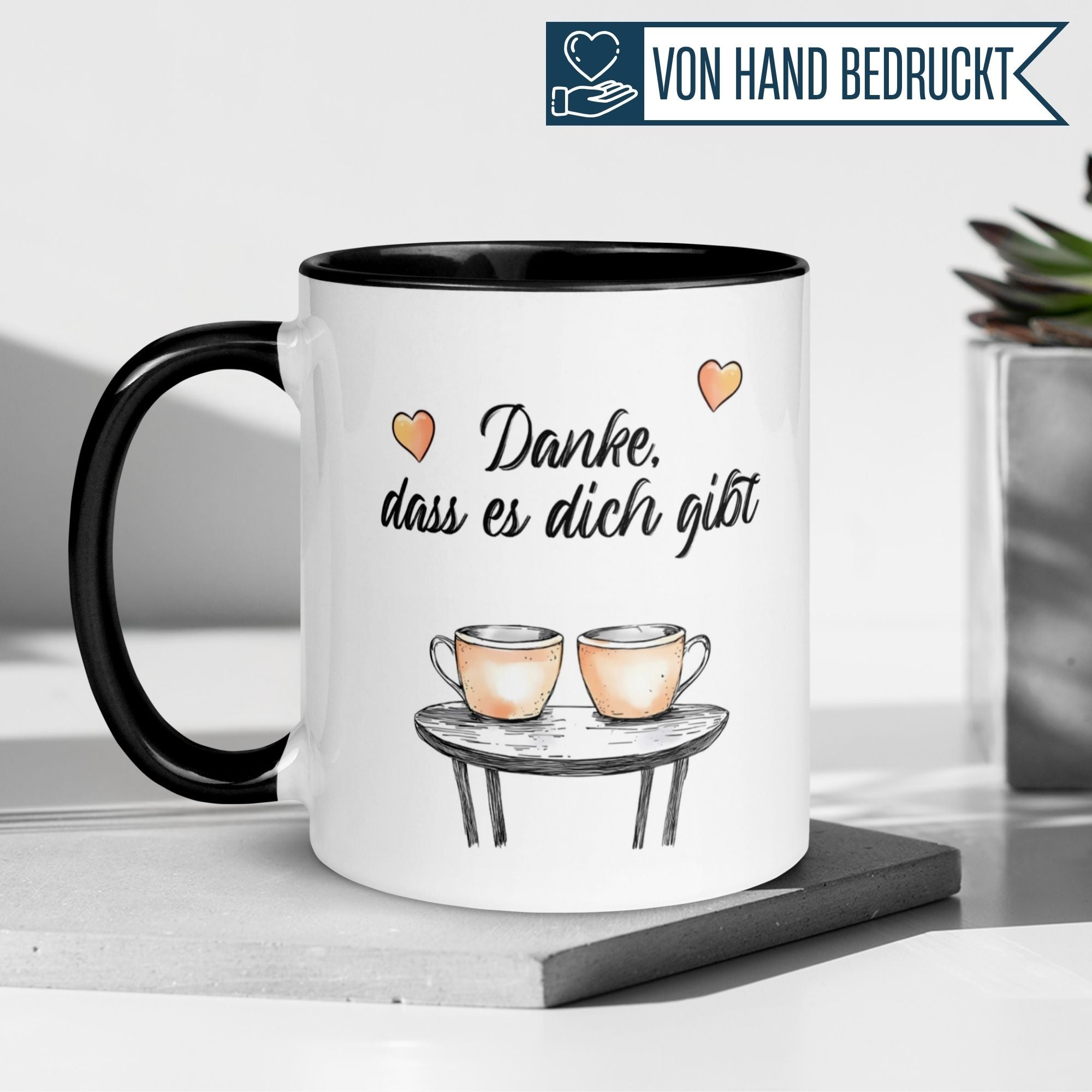 Momentals® Tasse Danke mit zwei Kaffeetassen und Herzchen, perfekt zum Danke sagen.