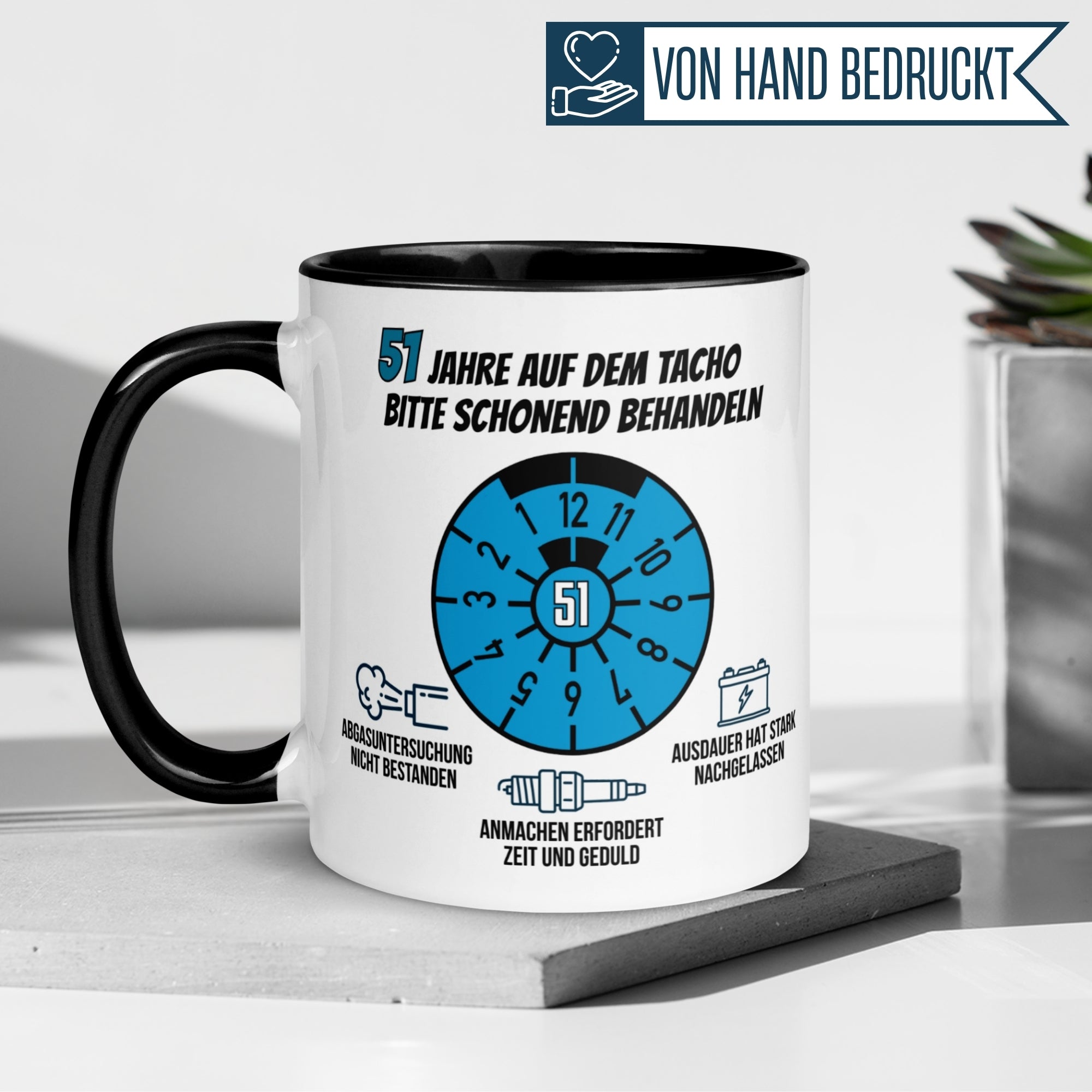 Momentals® Tasse 51. Geburtstag | Siegel & Spruch | 51 Jahre auf dem Tacho - Schonend behandeln