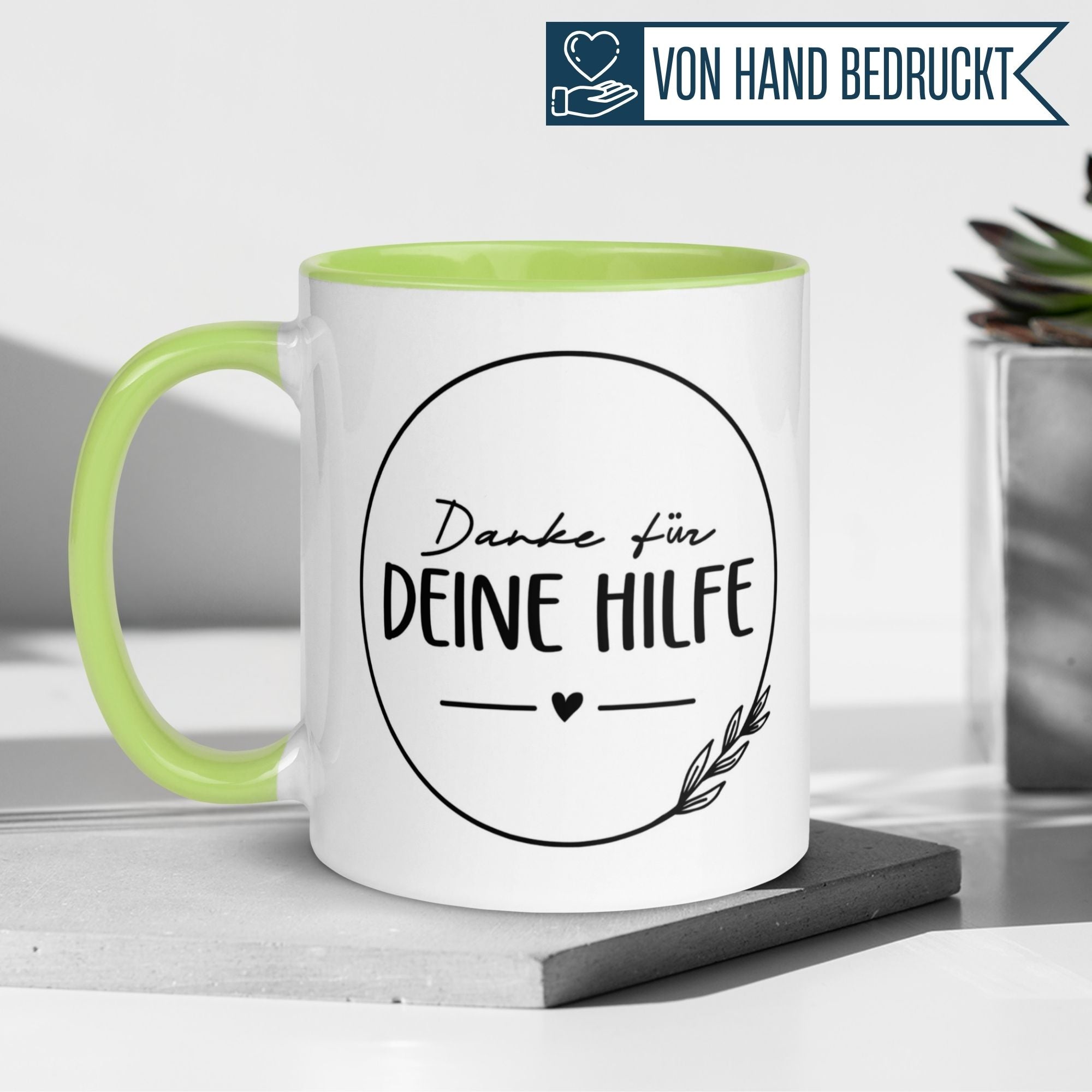 Weiß grüne Tasse mit Aufschrift "Danke für deine Hilfe" in stilvollem Design, ideal als Geschenk.