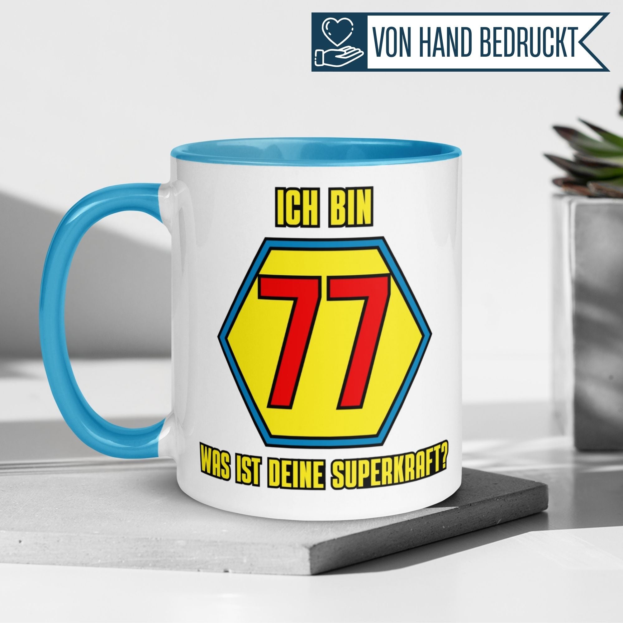Momentals® Tasse 77. Geburtstag | Superheld & Spruch | Ich bin 77 und was ist deine Superkraft