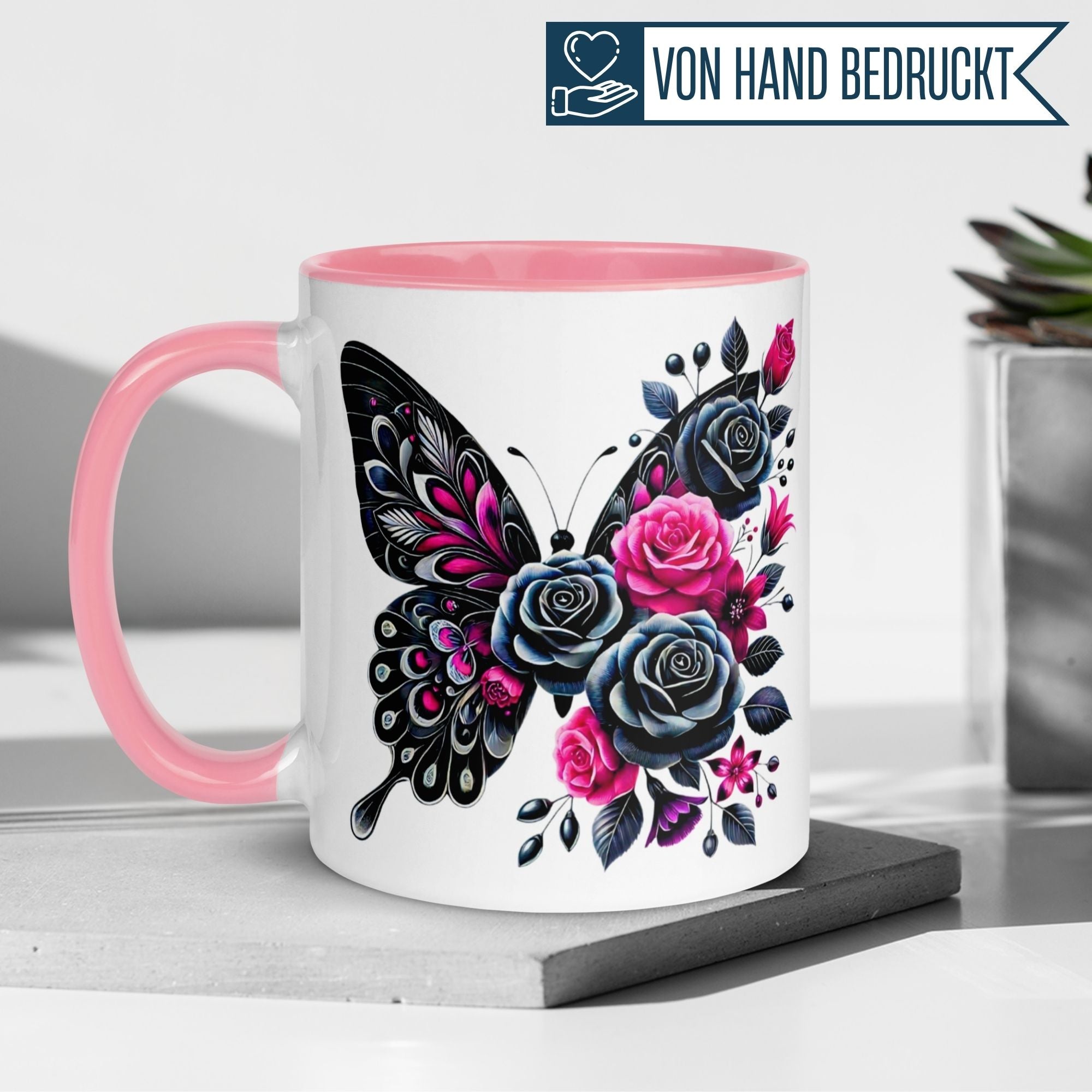Momentals® Tasse | Schmetterling & Rosendesign | Dunkle Eleganz in Schwarz & Pink