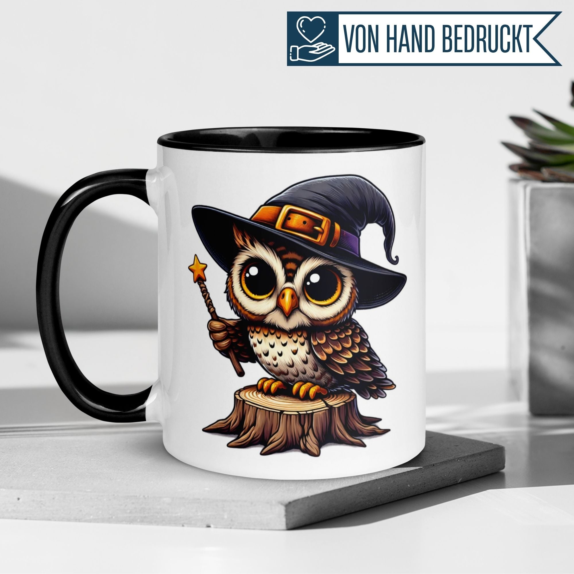 Tasse Eule – „Zauberstab“ – lustiger Eulen Geschenk Becher für Zauberer
