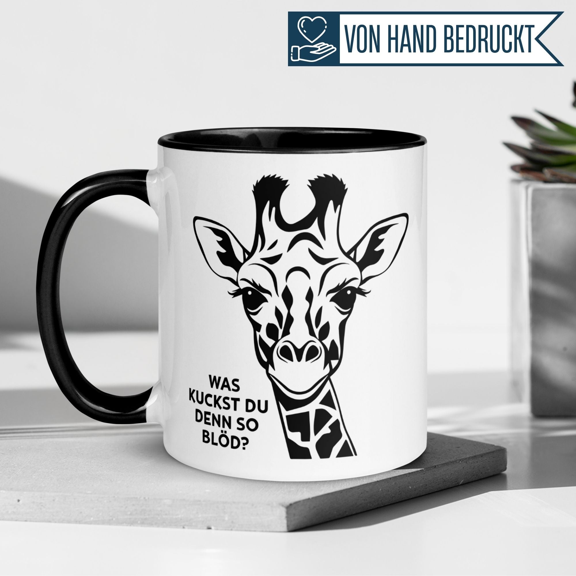 Tasse Giraffe – „Was kuckst du denn so blöd“ – lustiger Giraffen Geschenk Becher