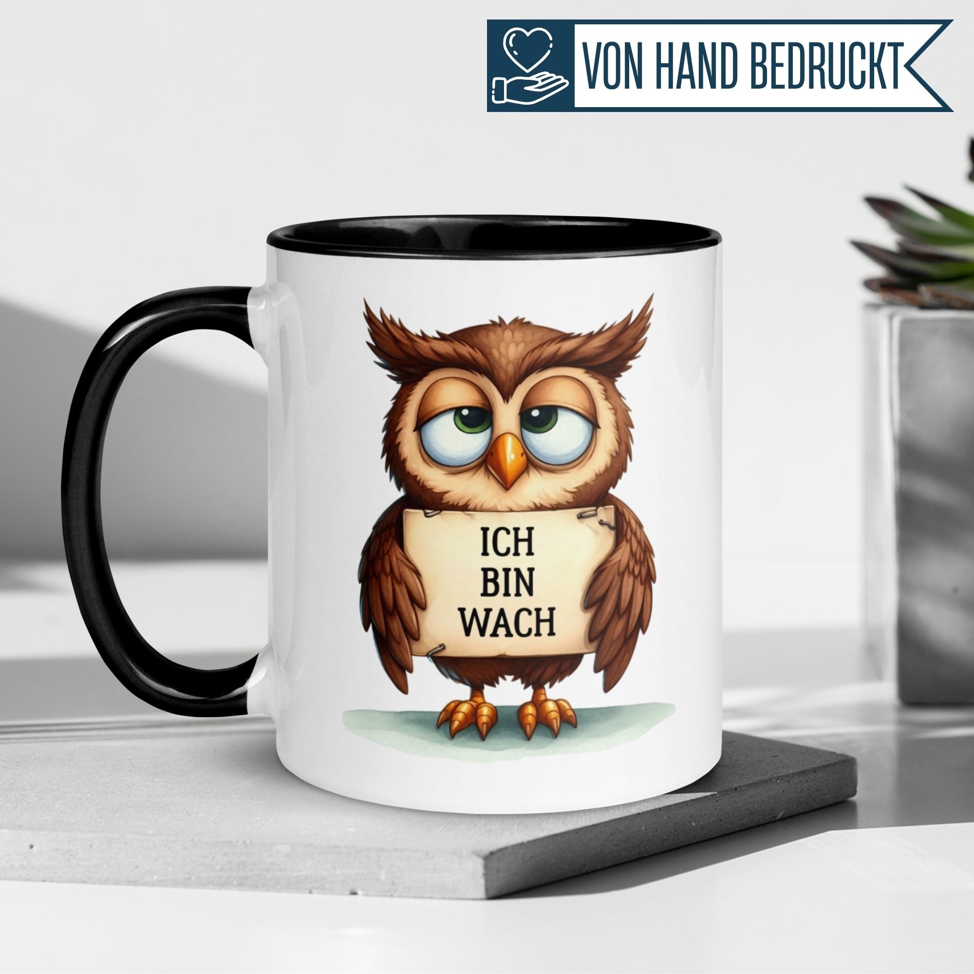 Momentals® Tasse mit Eule und Spruch "Ich bin wach" für Morgenmuffel, humorvoll und charmant.