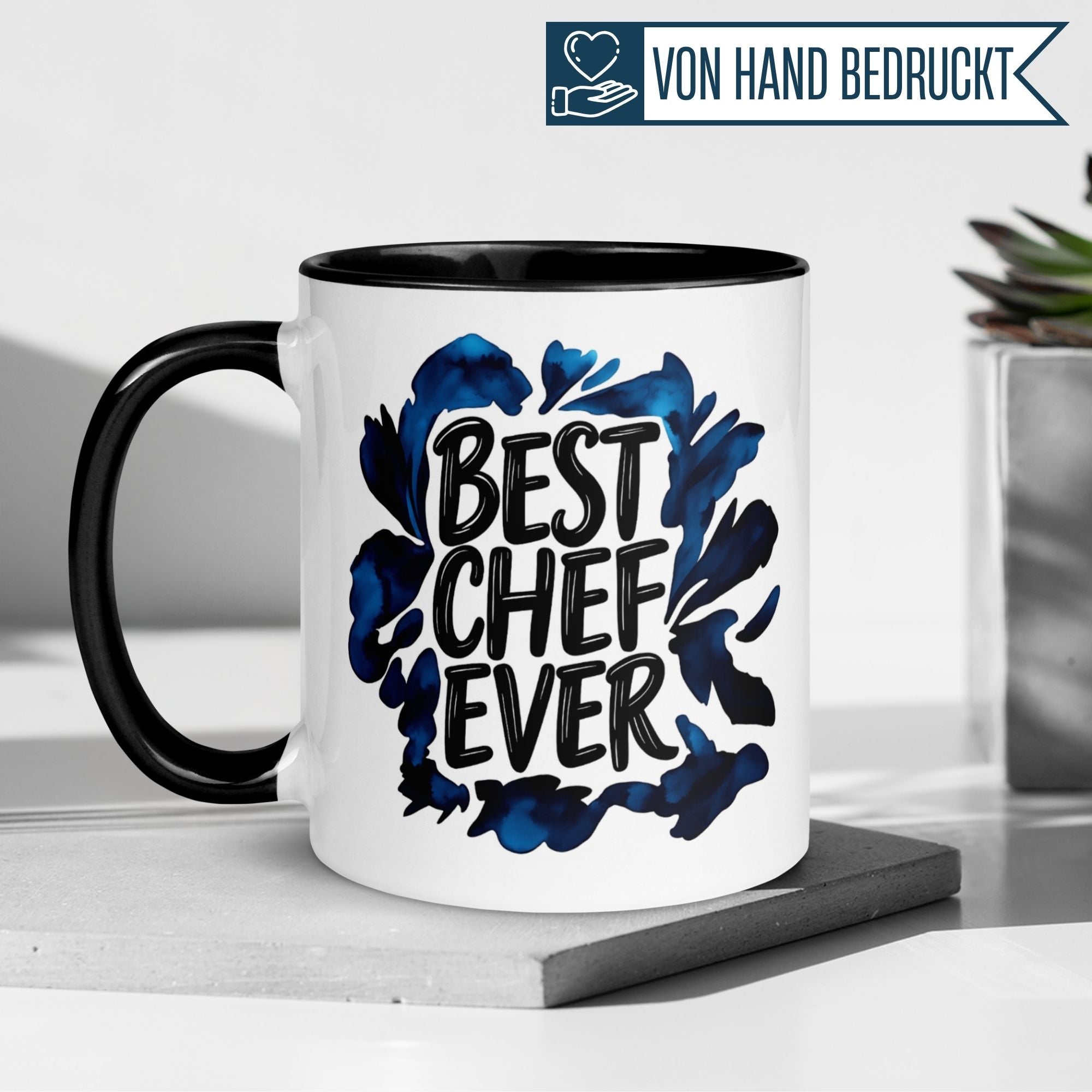 Momentals Tasse mit dem Spruch "Best Chef Ever" in Aquarellfarben für respektvolle Abschiede.
