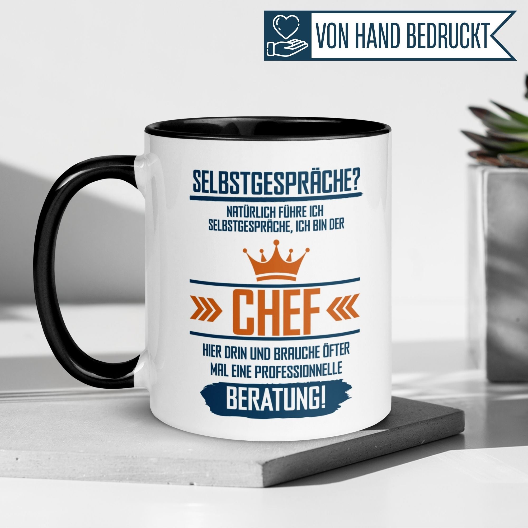 Momentals® Tasse mit dem Spruch über Selbstgespräche, perfektes Geschenk für Chefs, humorvoll und respektvoll.