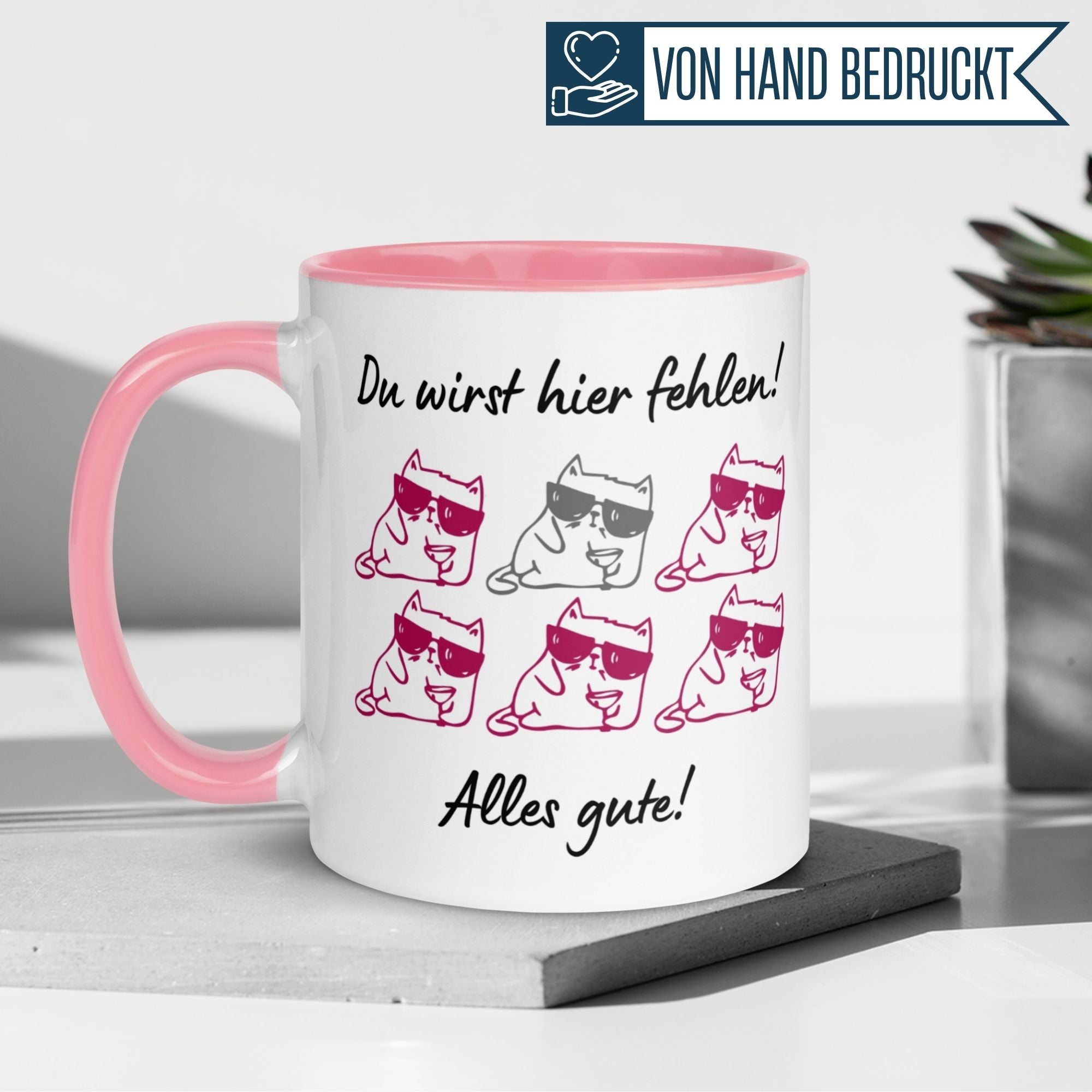 Momentals Tasse mit Katzenmotiv und Spruch "Du wirst hier fehlen! Alles Gute!" für Kolleginnen als Geschenk.