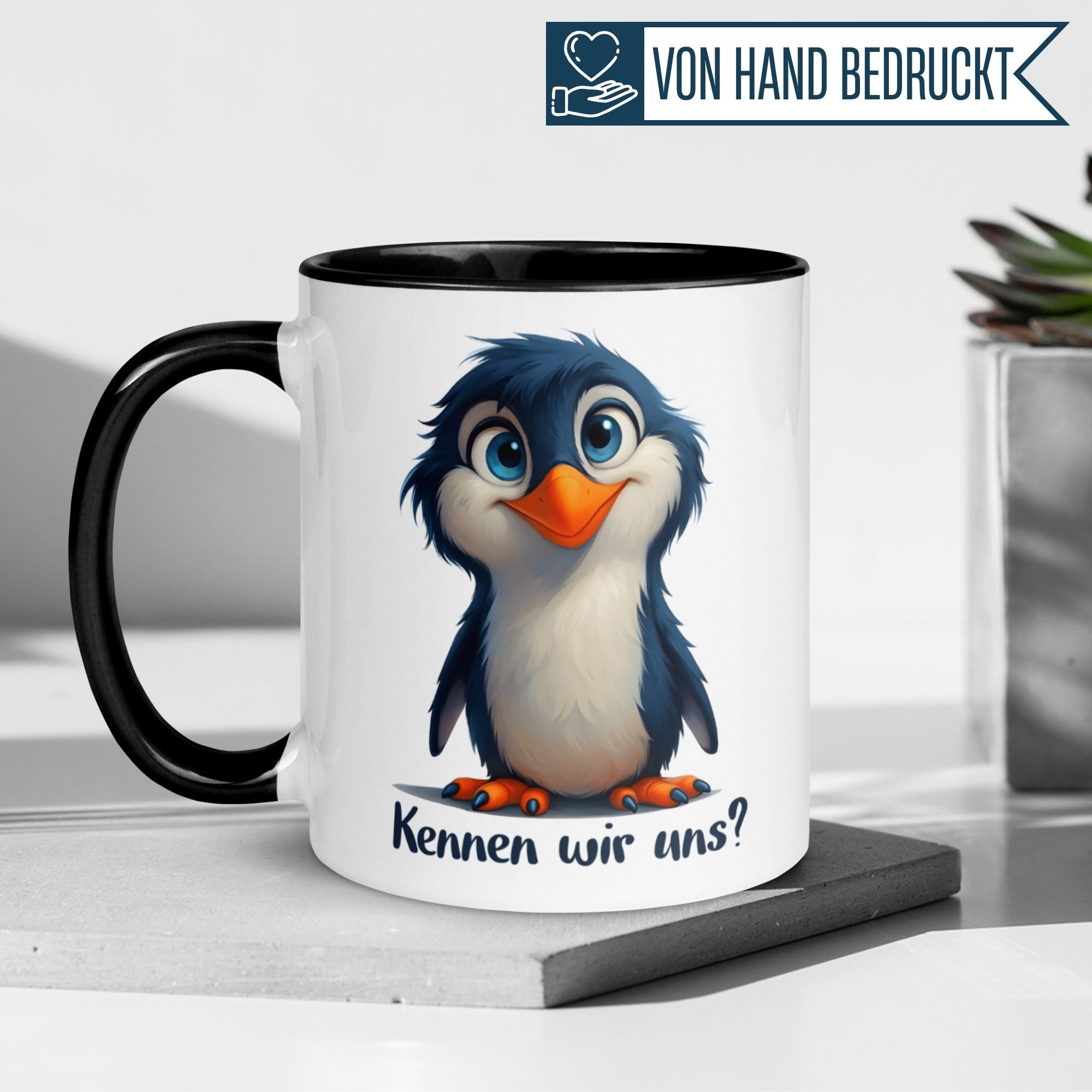 Tasse Pinguin – „Kennen wir uns“ – lustiger Geschenk Becher für Pinguin Fans