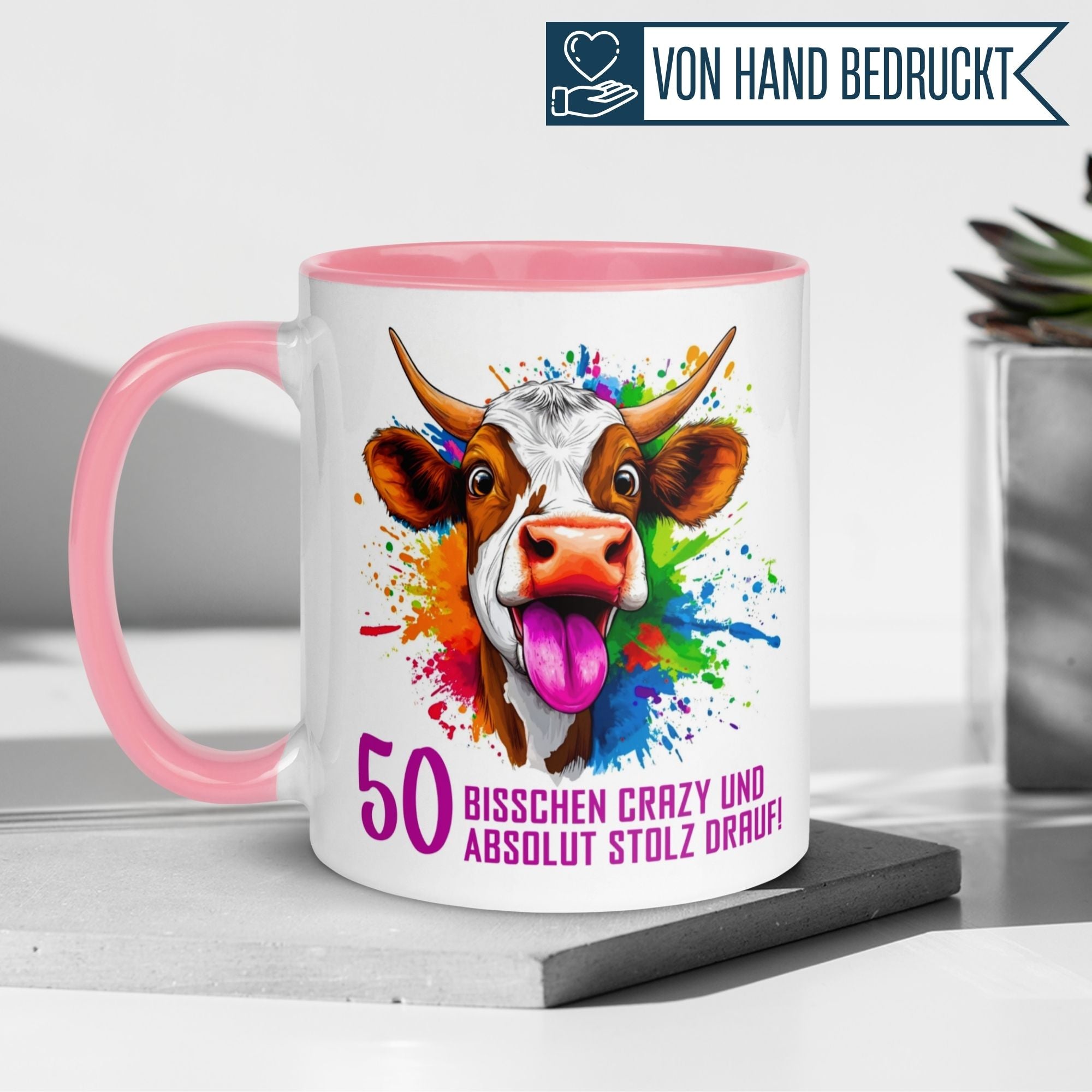 Momentals® Mug for 50th Birthday with fun cow design and playful quote, perfect gift for women.