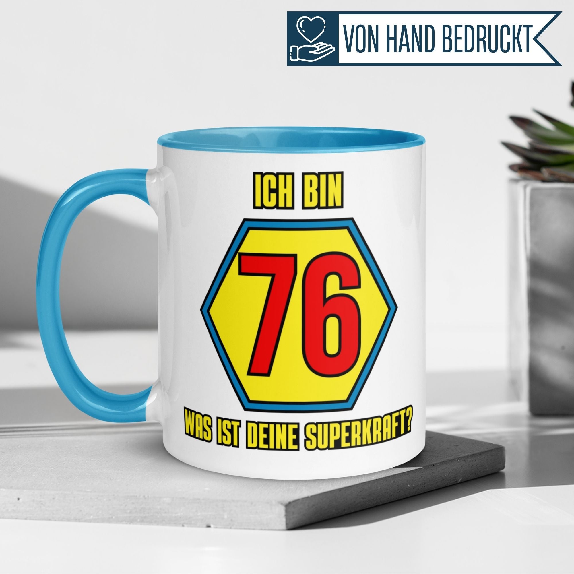 Momentals® Tasse 76. Geburtstag | Superheld & Spruch | Ich bin 76 und was ist deine Superkraft