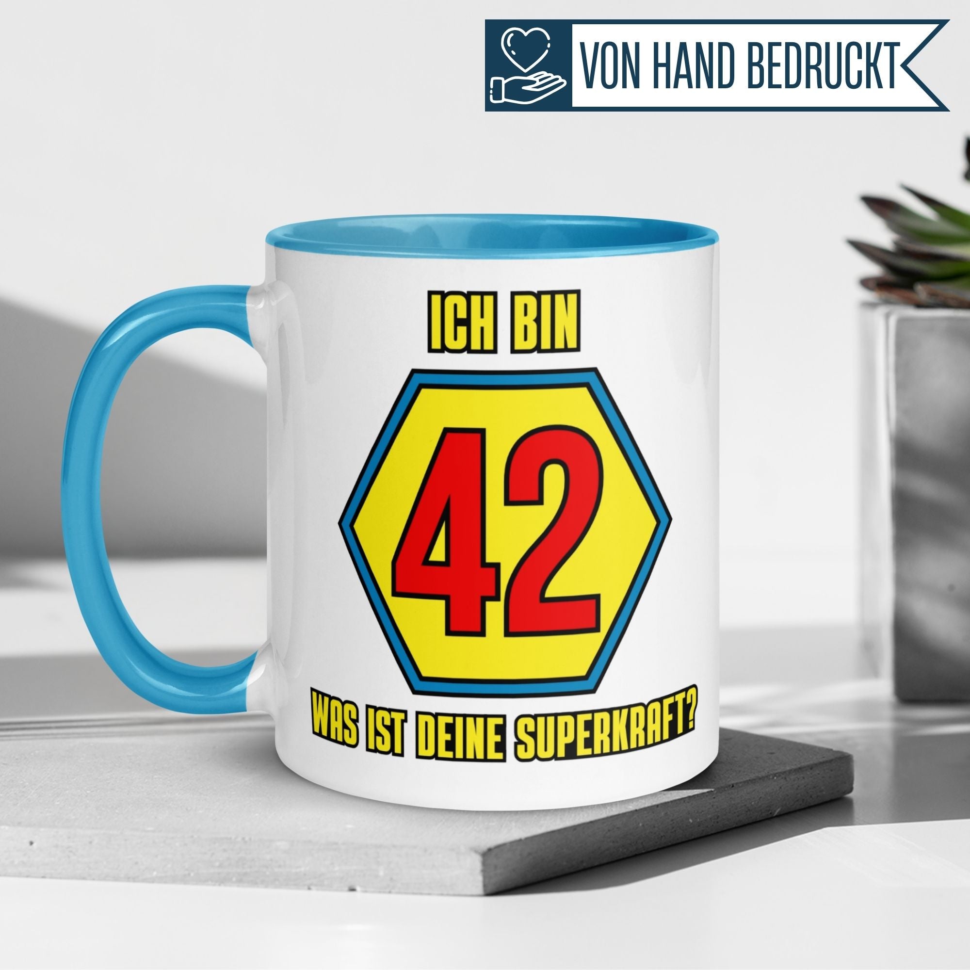 Momentals® Tasse 42. Geburtstag | Superheld & Spruch | Ich bin 42 und was ist deine Superkraft