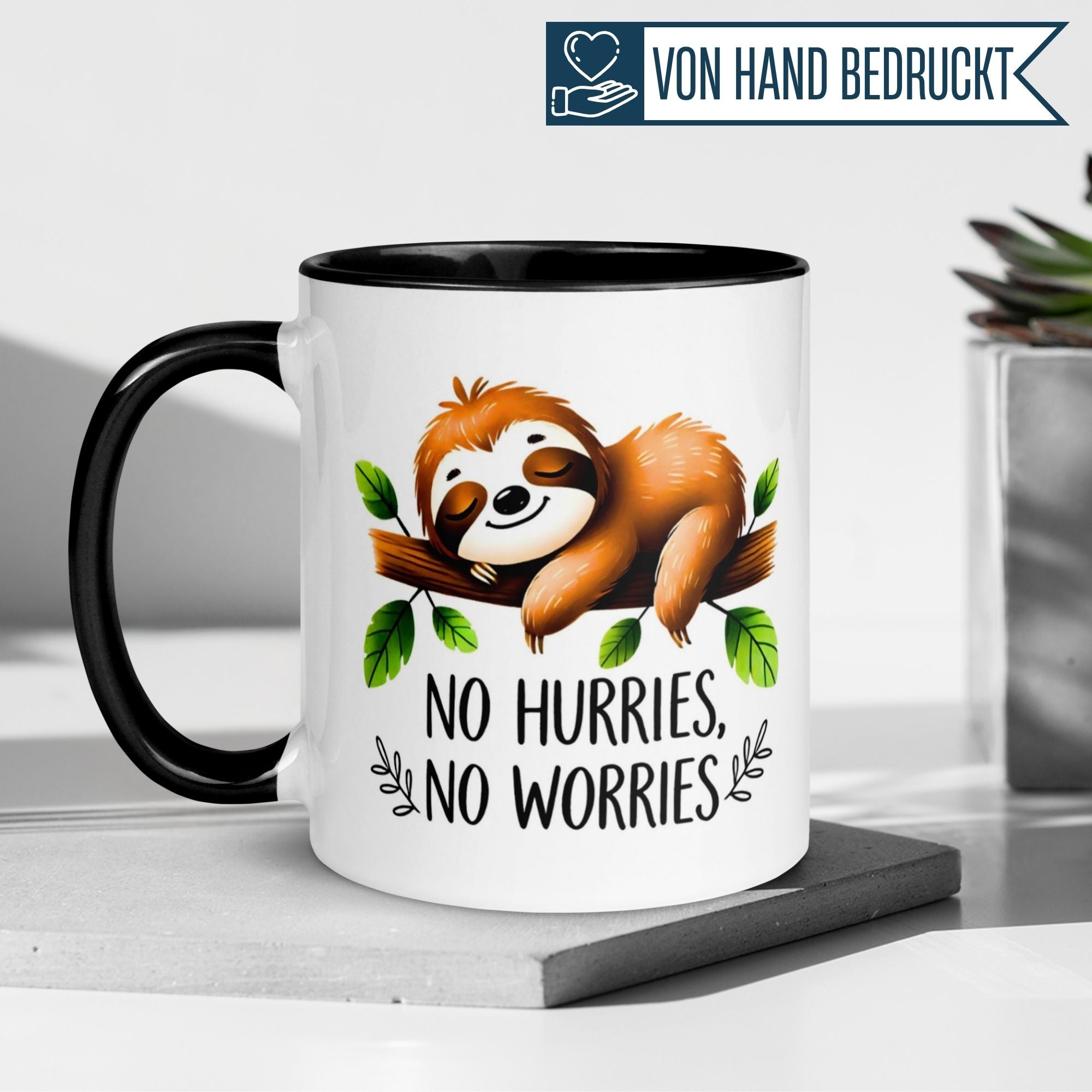 Momentals® mug featuring a sloth and the phrase 'No Hurries, No Worries' for a stress-free vibe.