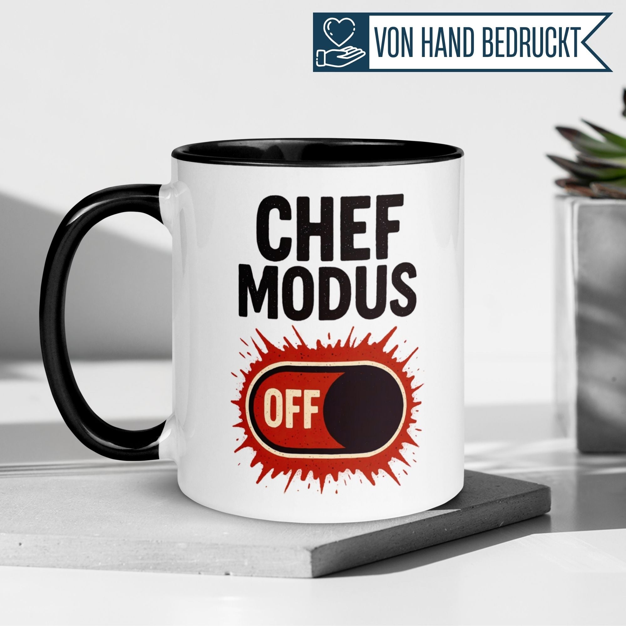 Momentals Tasse mit humorvollem 'Chef Modus OFF' Motiv, perfekt für Abschiedsgeschenke.