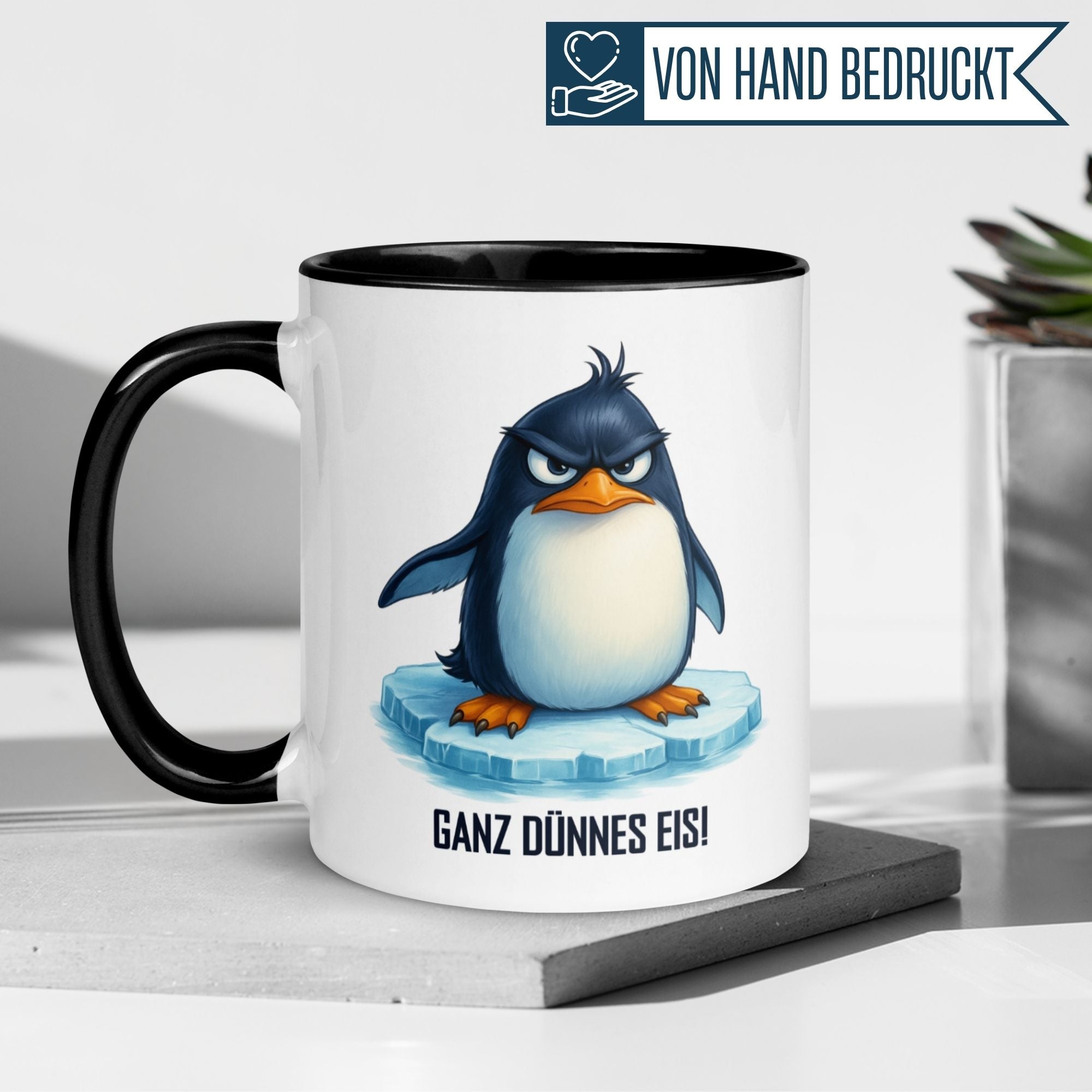 Momentals® Mug featuring a humorous penguin graphic and the phrase 'Ganz dünnes Eis!' perfect for morning coffee lovers.