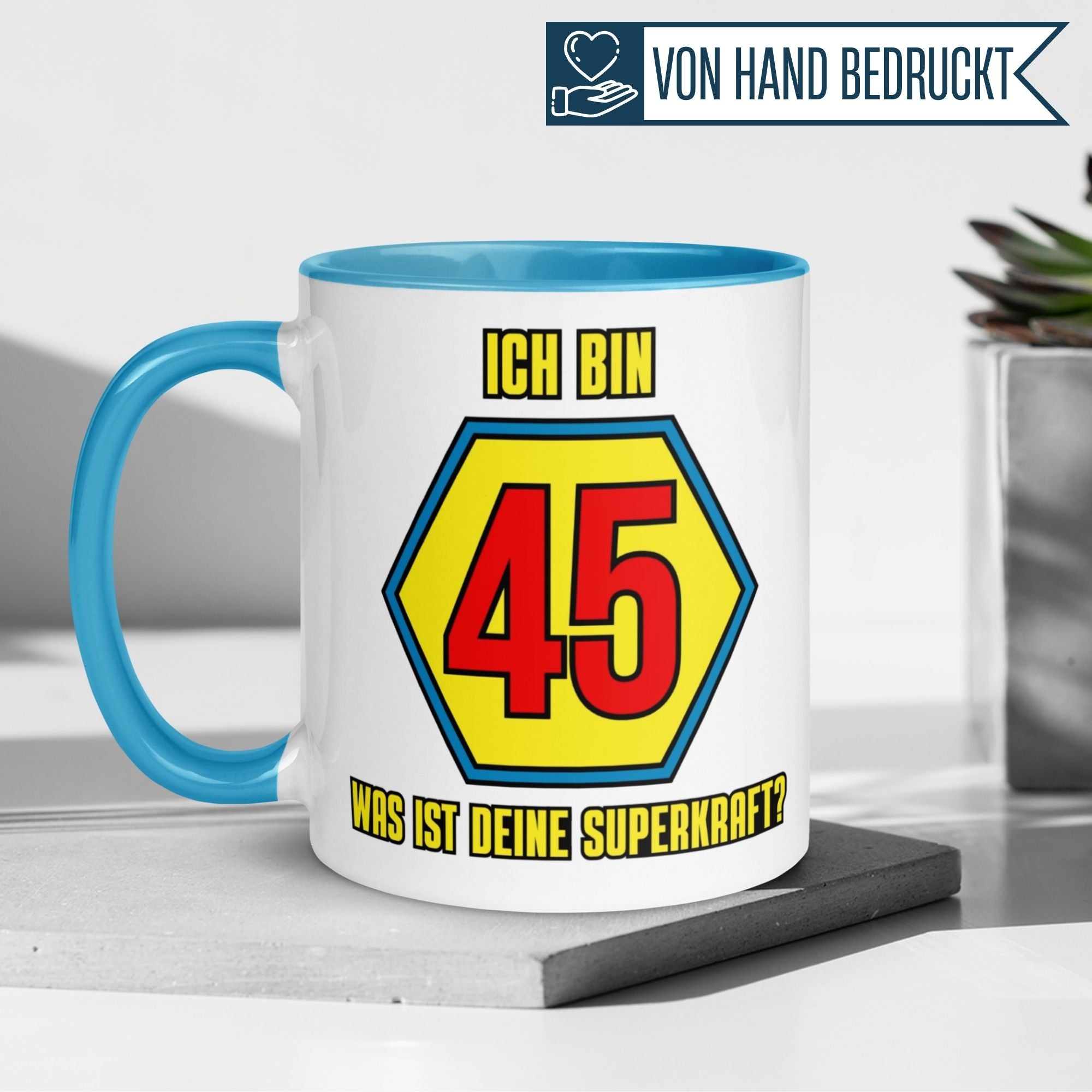 Momentals® Tasse 45. Geburtstag | Superheld & Spruch | Ich bin 45 und was ist deine Superkraft