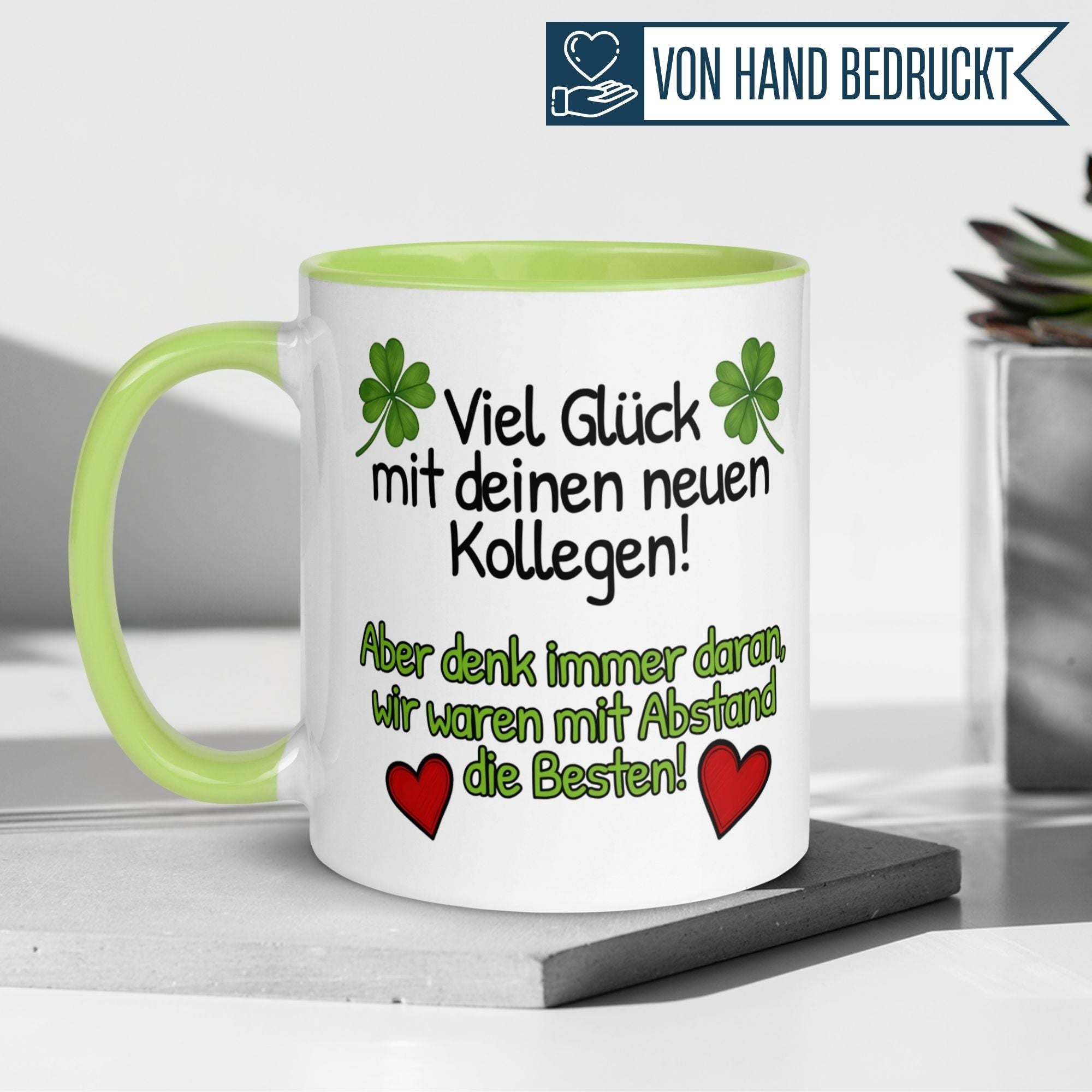 Momentals® Tasse Abschied | Kleeblatt & Herzen | Viel Glück mit deinen neuen Kollegen