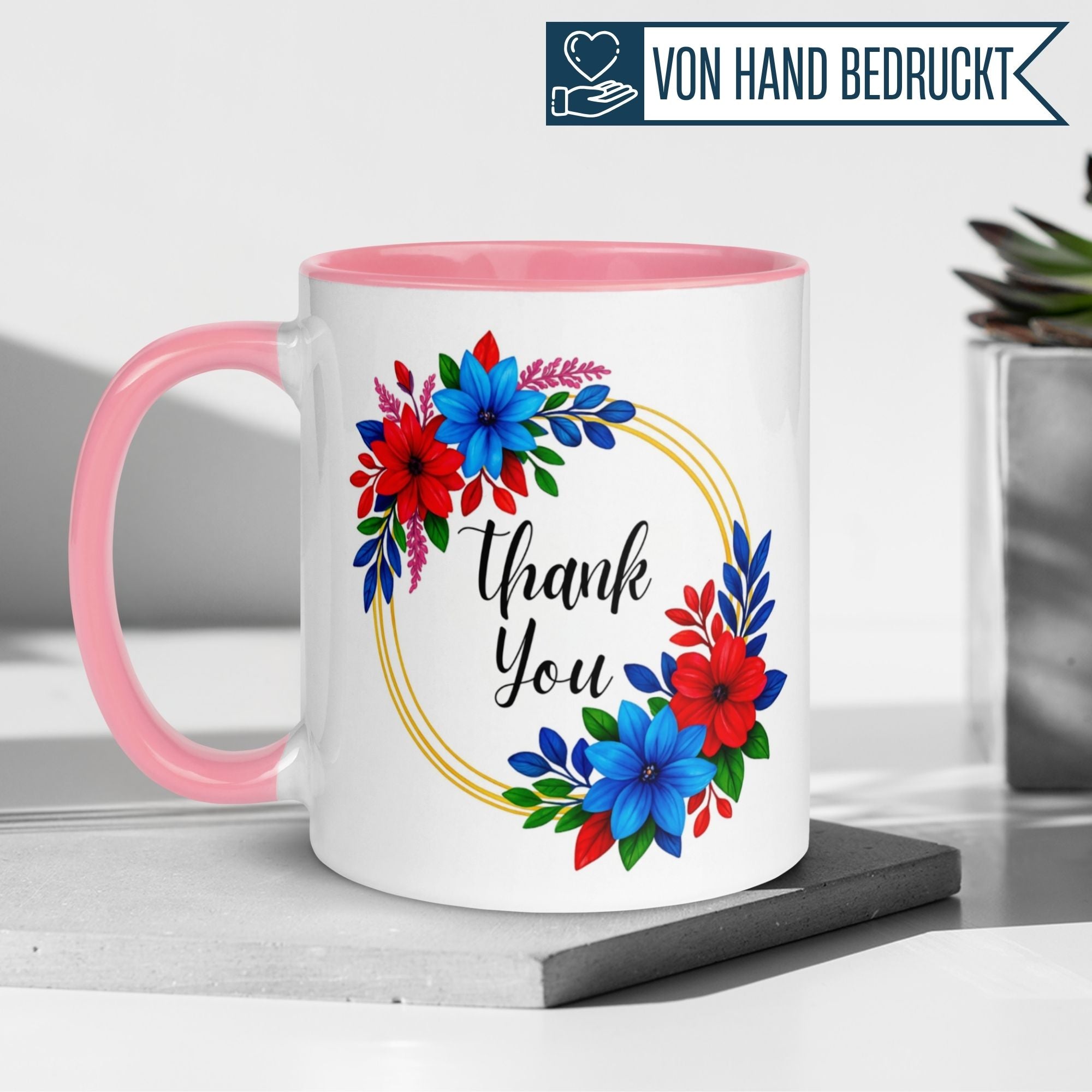 Momentals® Tasse Danke mit buntem Blumenkranz, perfekt für Wertschätzung und Kaffeepausen.
