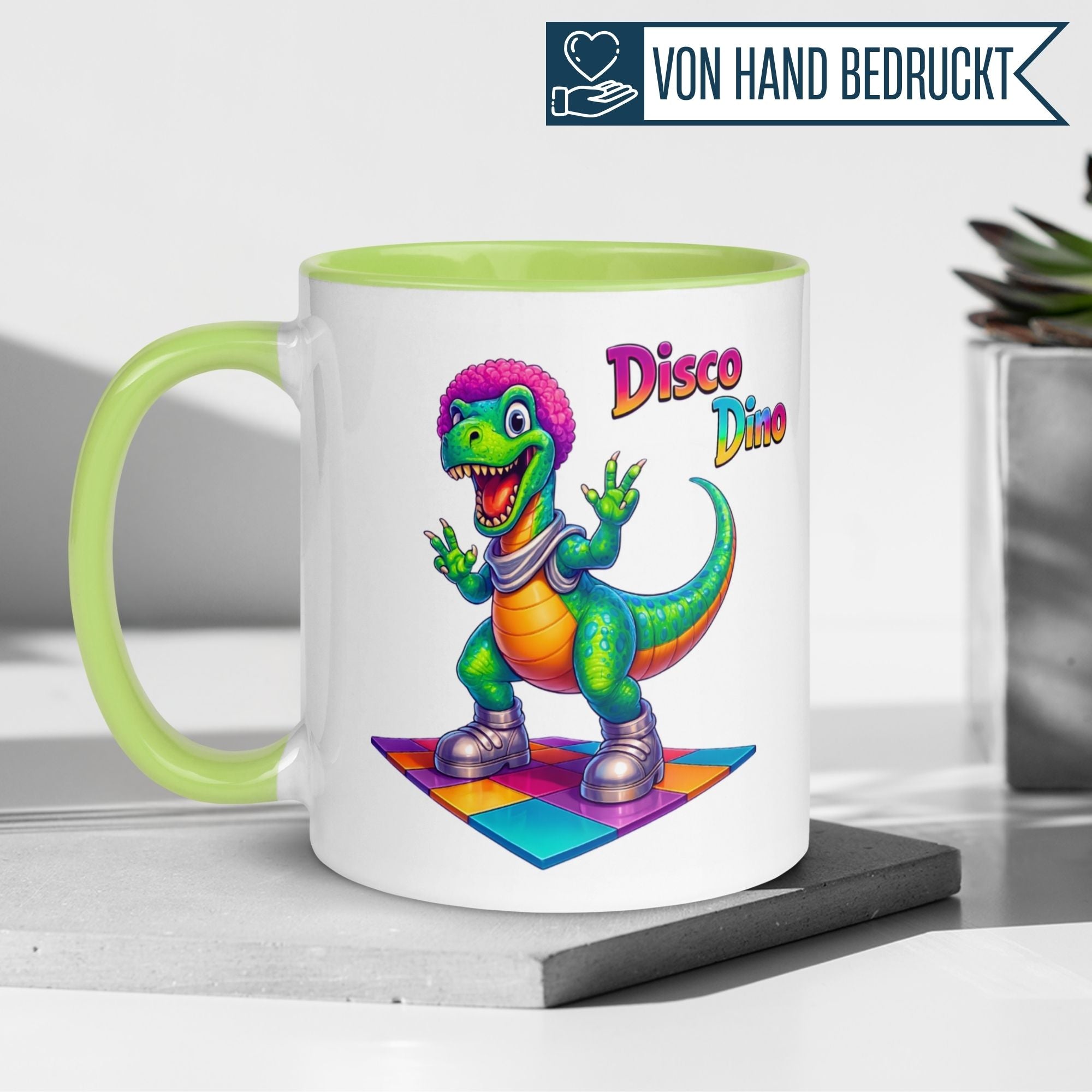Tasse Dinosaurier – „Disco Dino“ – Dino Geschenk Becher für Musik Fans