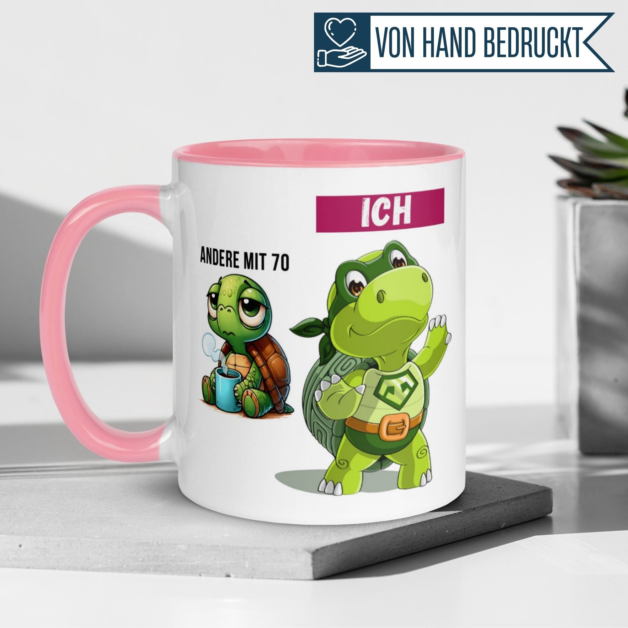 Momentals® Birthday mug for 70th birthday with playful turtles design and humorous quote.