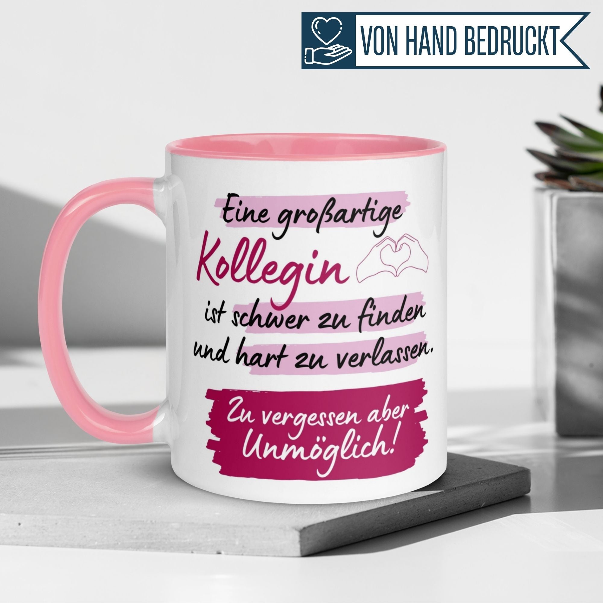 Momentals Tasse für Kollegin mit herzlichem Spruch und rosa Henkel, Dankeschön und Wertschätzung.