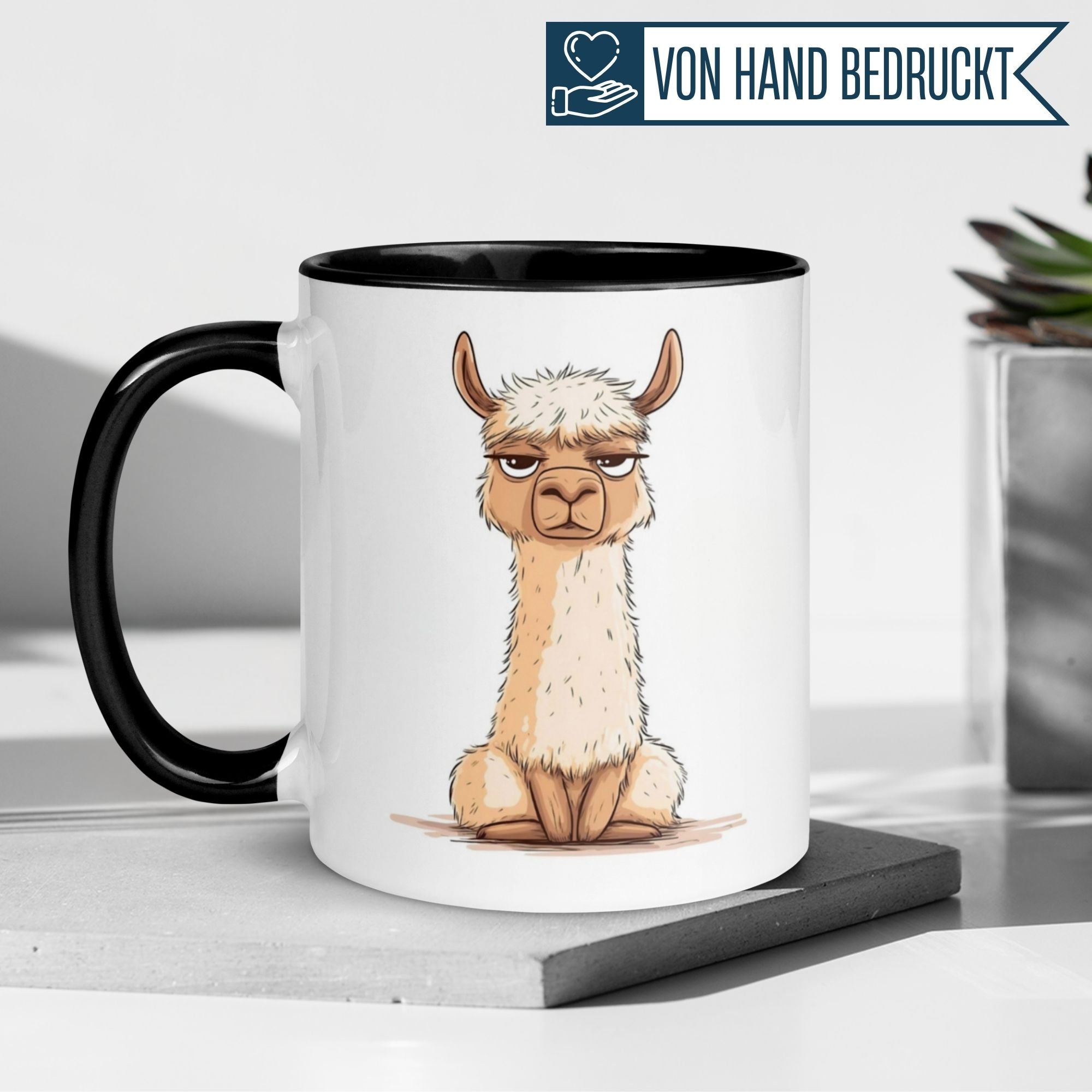 Humorous Momentals® mug featuring a grumpy llama, perfect for animal lovers and coffee enthusiasts.