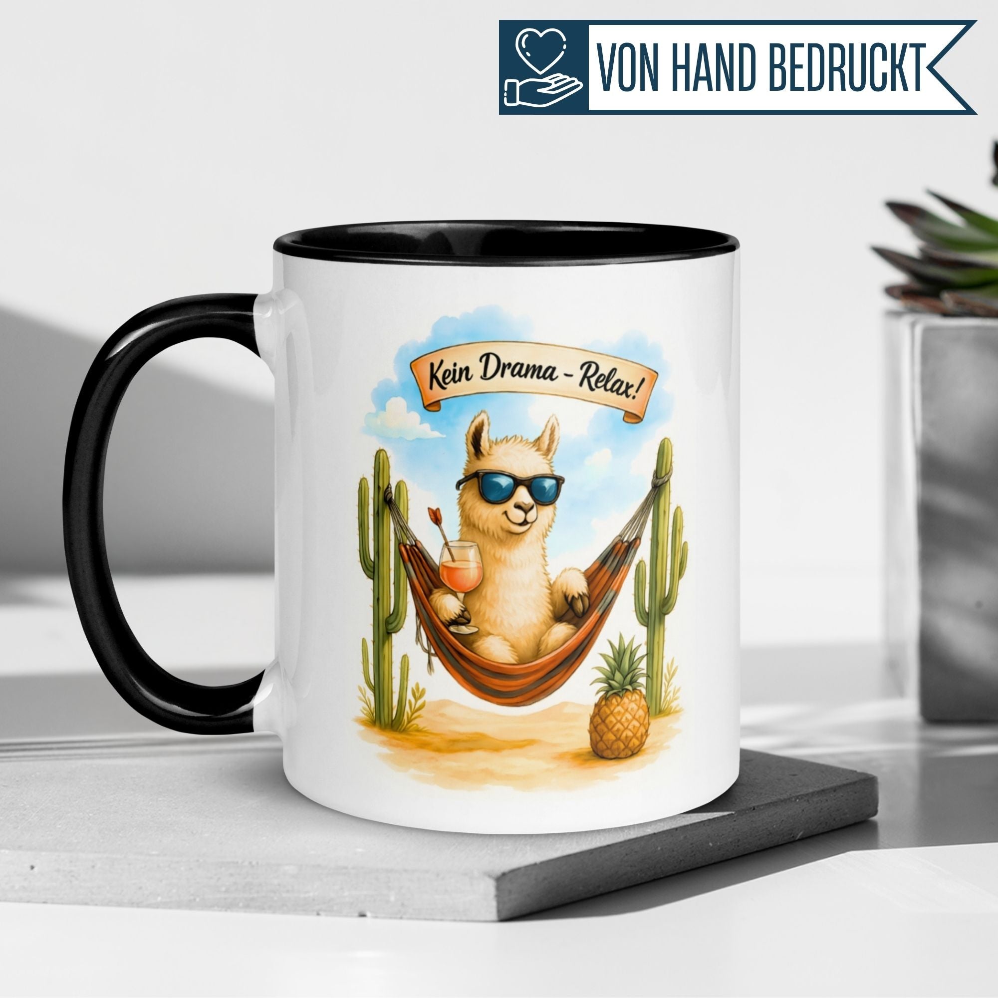 Tasse Alpaka – „Kein Drama – Relax“ – lustiger Alpaka Geschenk Becher