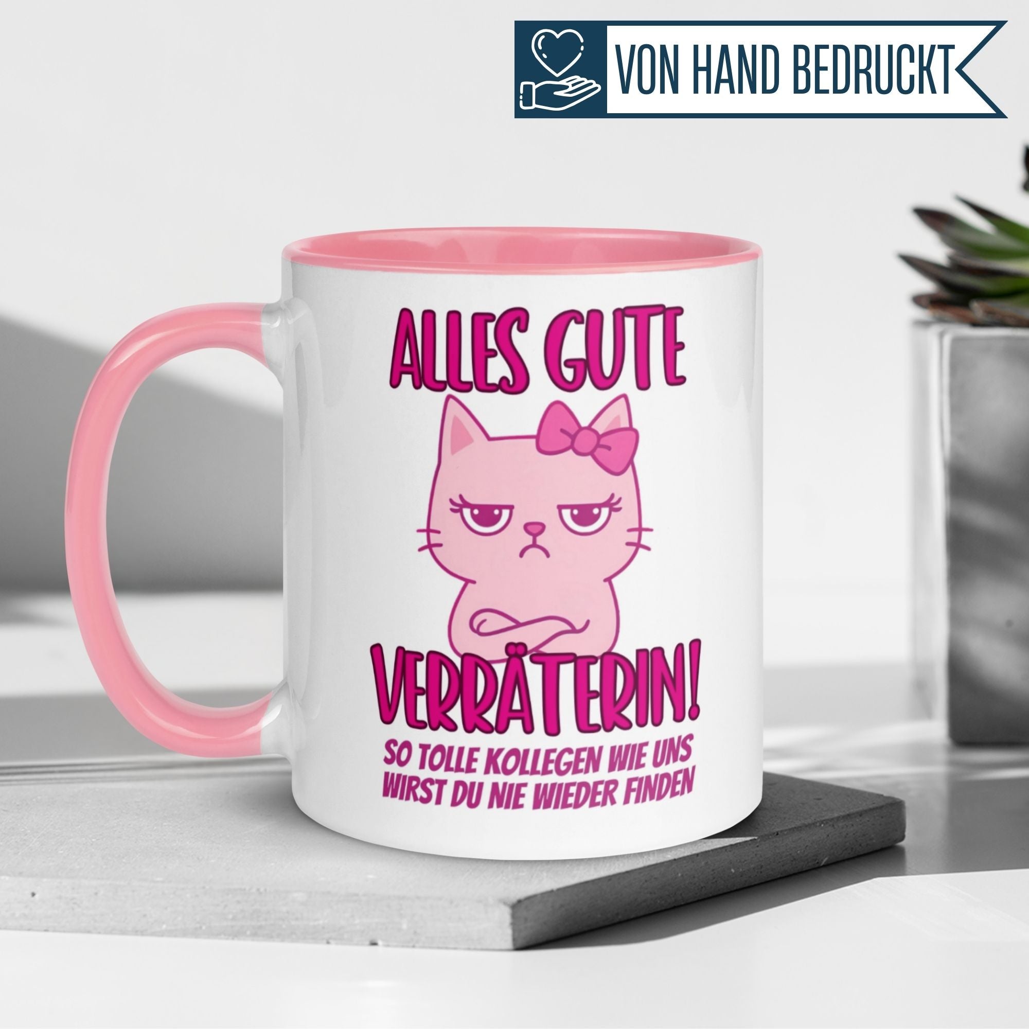 Momentals Tasse mit rosa Katze und Spruch ‚ALLES GUTE VERRÄTERIN!‘ für Kollegen und Abschiedsgeschenke.