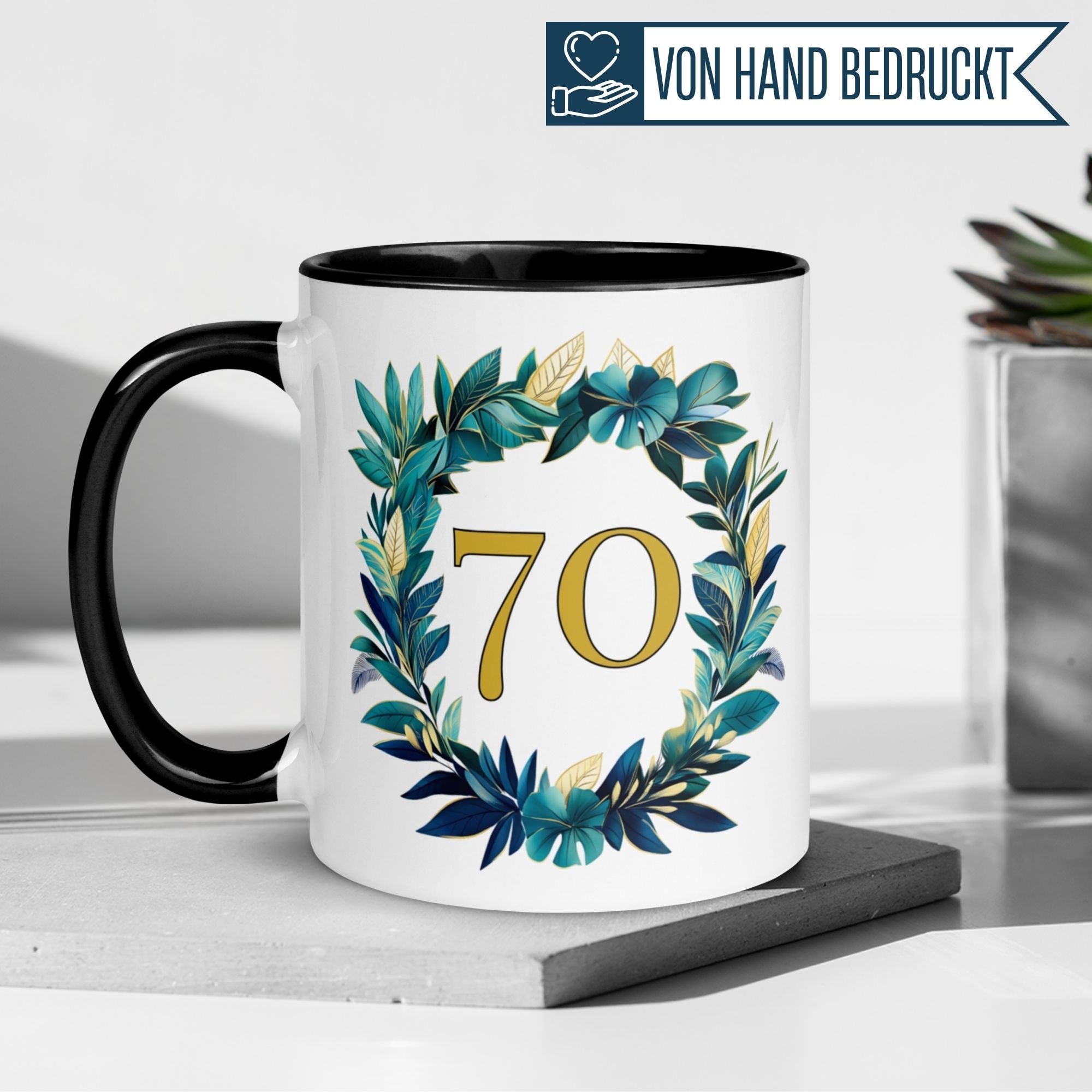 Elegante Geburtstagstasse mit goldener Zahl 70 im Blätterkranz für den 70. Geburtstag.