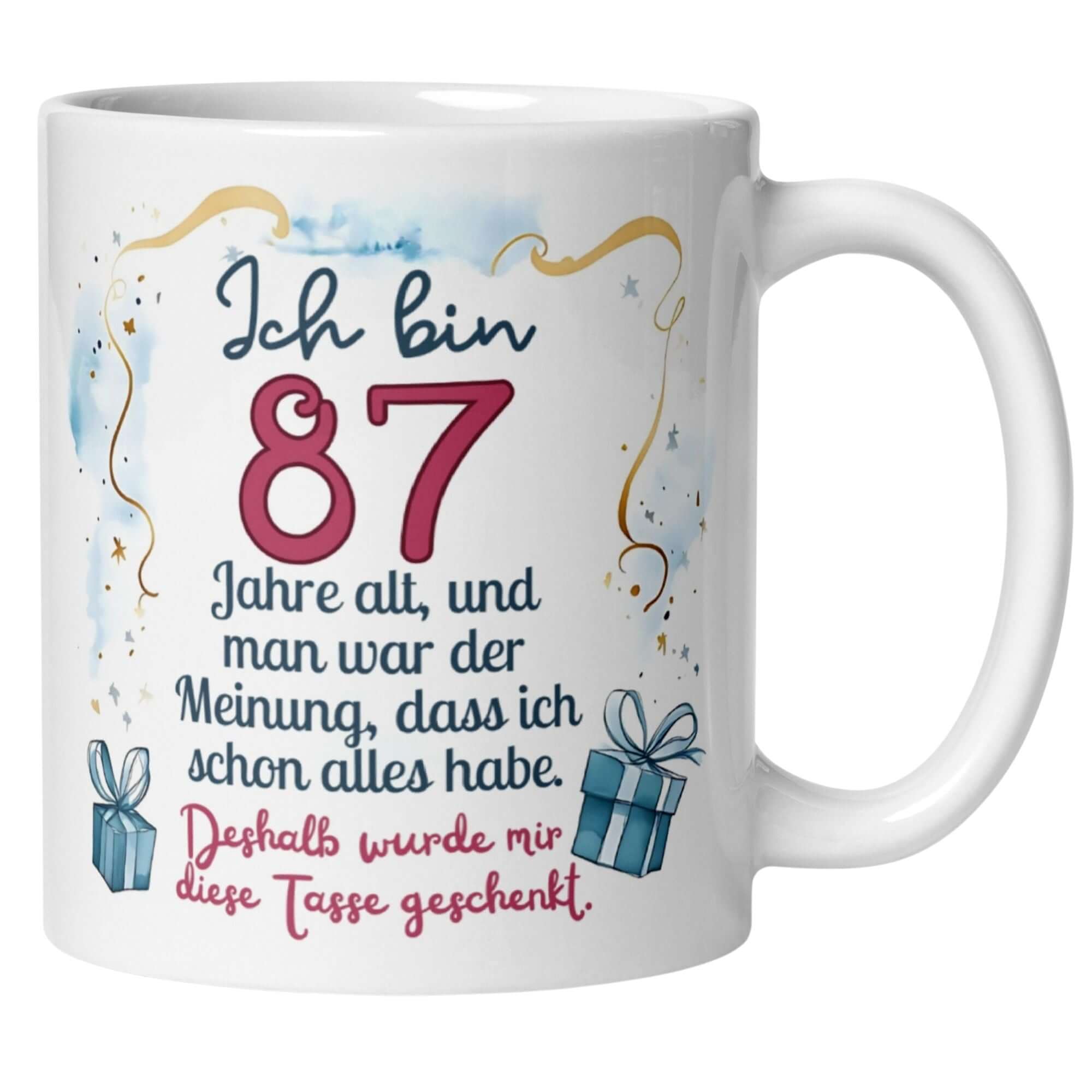Humorous 87th birthday mug with gifts and playful saying for seniors, perfect gift for loved ones.