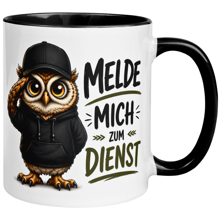 Tasse Eule – „Melde mich zum Dienst“ – lustiger Eulen Geschenk Becher für Morgenmuffel
