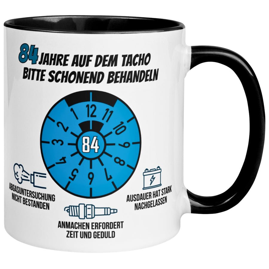 Tasse 84. Geburtstag Mann – „84 Jahre auf dem Tacho - Schonend Behandeln“ – Geschenk zum Geburtstag für Männer