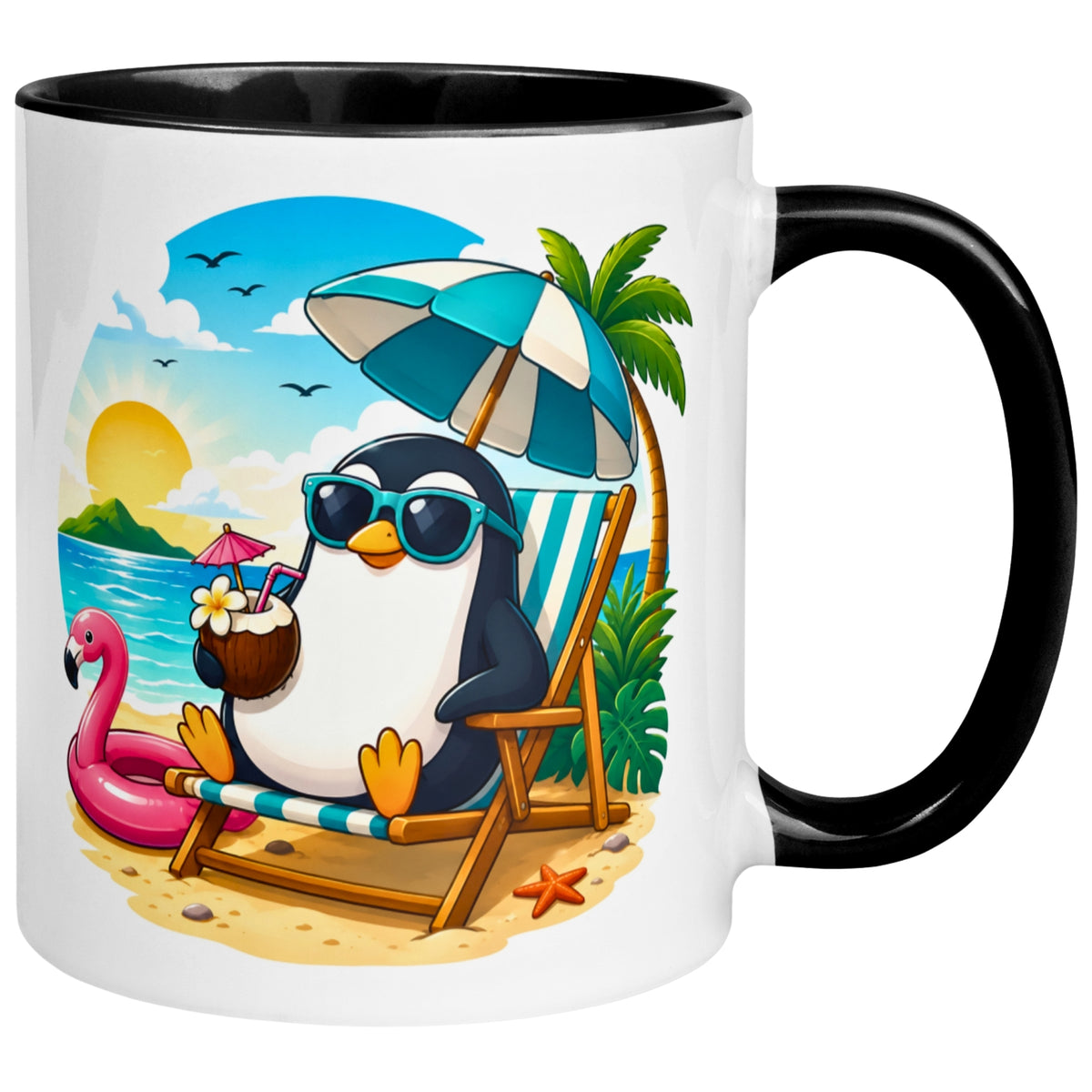 Tasse Pinguin – „Chilliger Pinguin am Strand“ – lustiges Anti Stress Geschenk