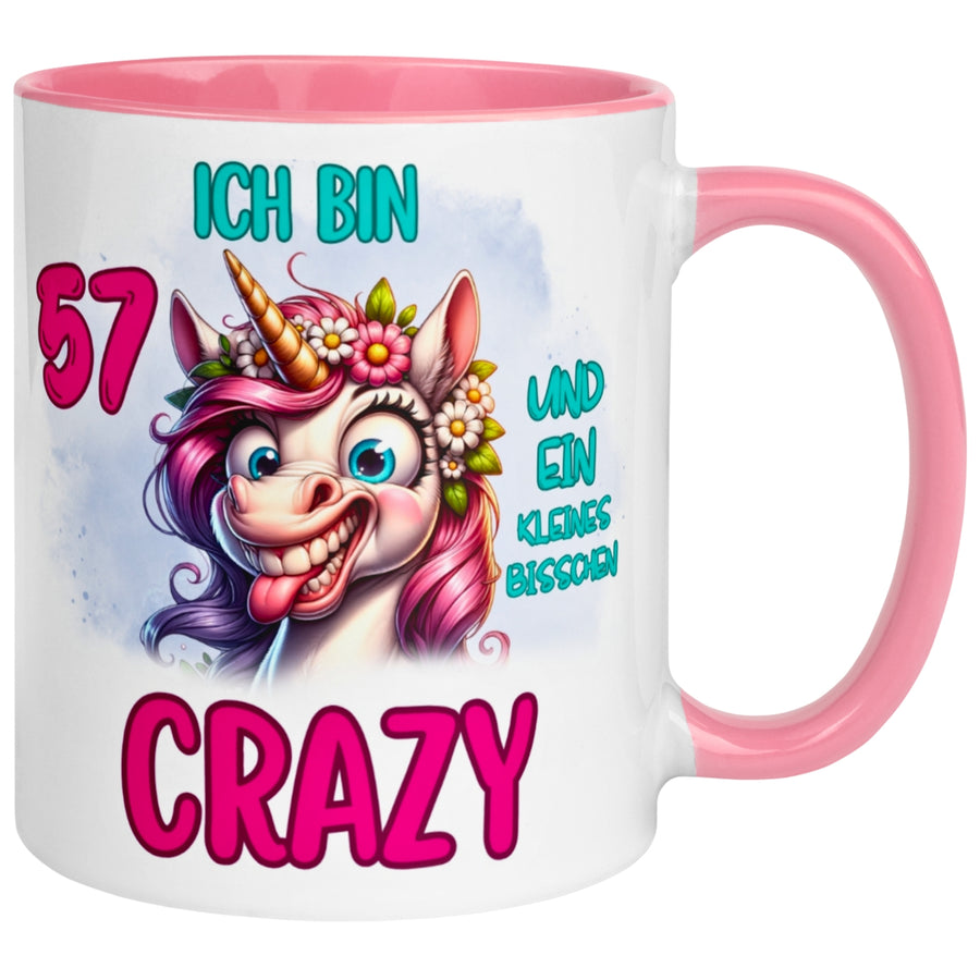 Tasse 57. Geburtstag Frau – „Ich bin 57 und ein kleines bisschen Crazy“ – Geschenk zum Geburtstag Frauen