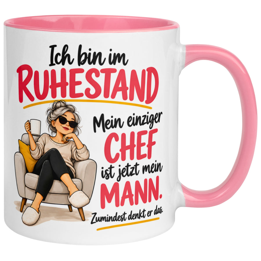 Tasse Rentnerin – „Mein einziger Chef ist jetzt mein Mann“ – Geschenk Ruhestand Frau