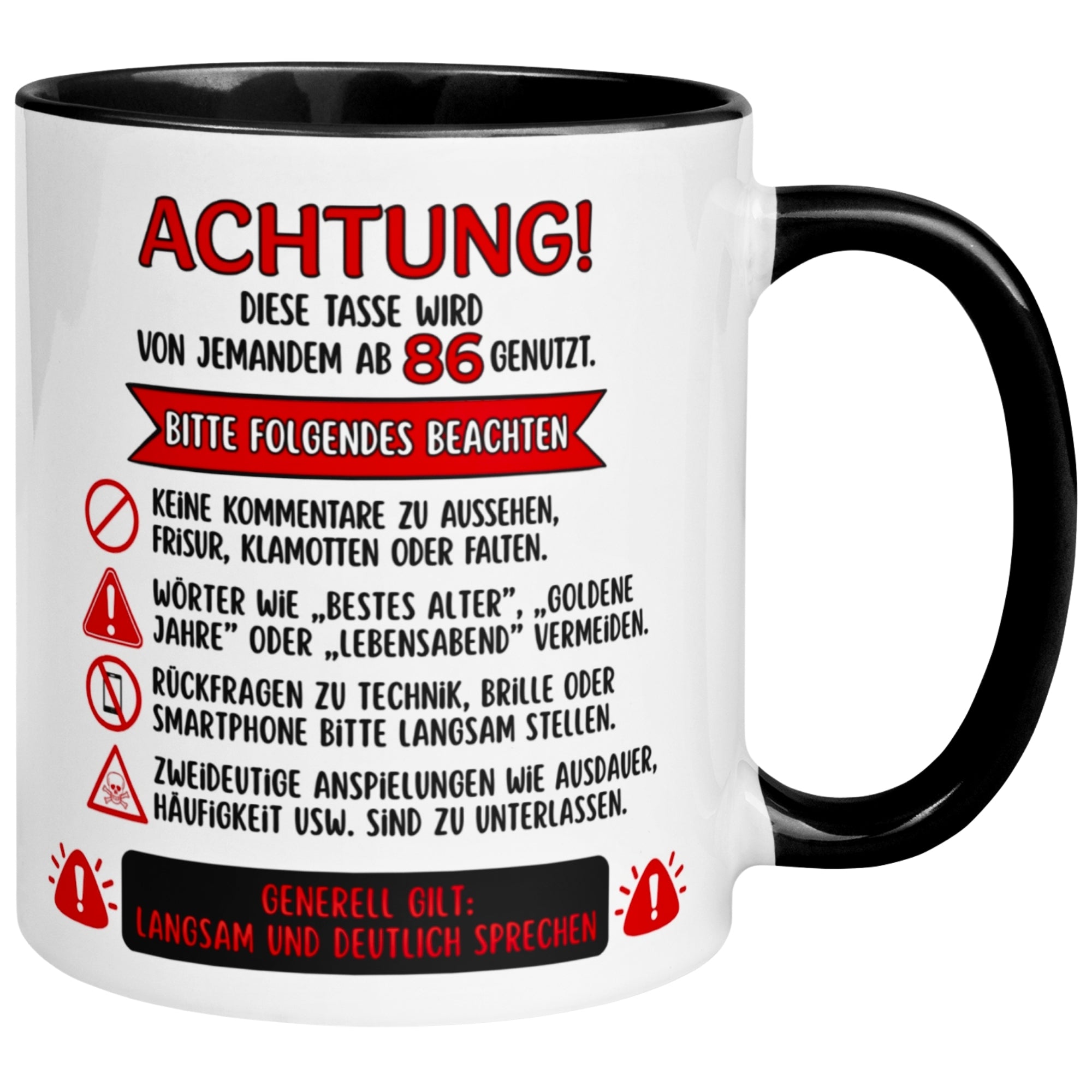 Tasse 86. Geburtstag Mann Frau – „Achtung – Diese Tasse wird von jemandem ab 86 genutzt“ – Geschenk zum Geburtstag Männer Frauen