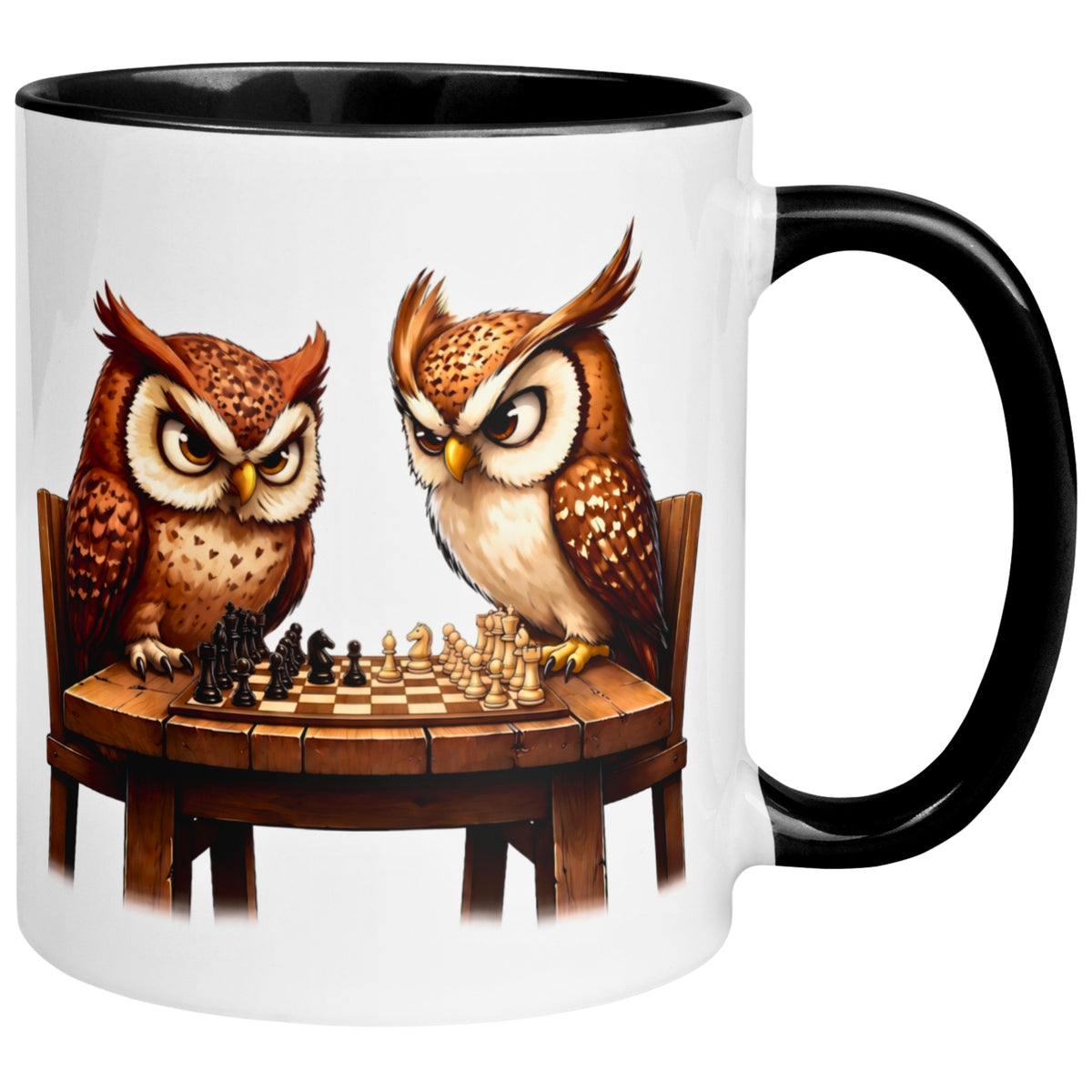 Tasse Eule – „Schachduell“ – lustiger Eulen Geschenk Becher für Schachspieler