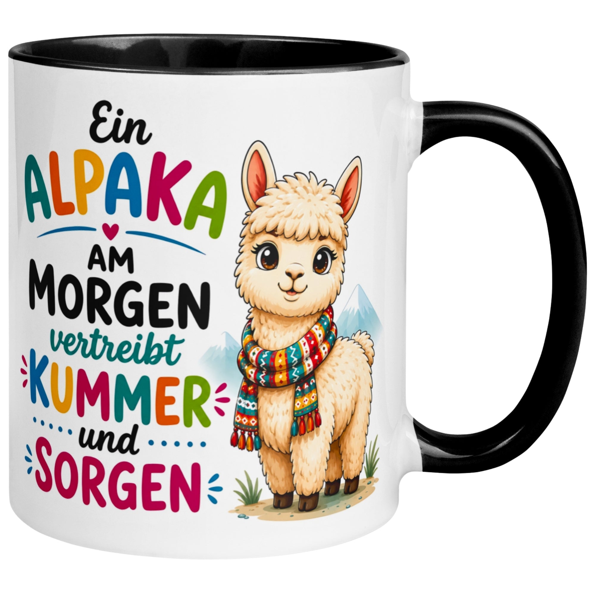 Tasse Alpaka– „Ein Alpaka am Morgen vertreibt Kummer und Sorgen“ – Geschenk Becher