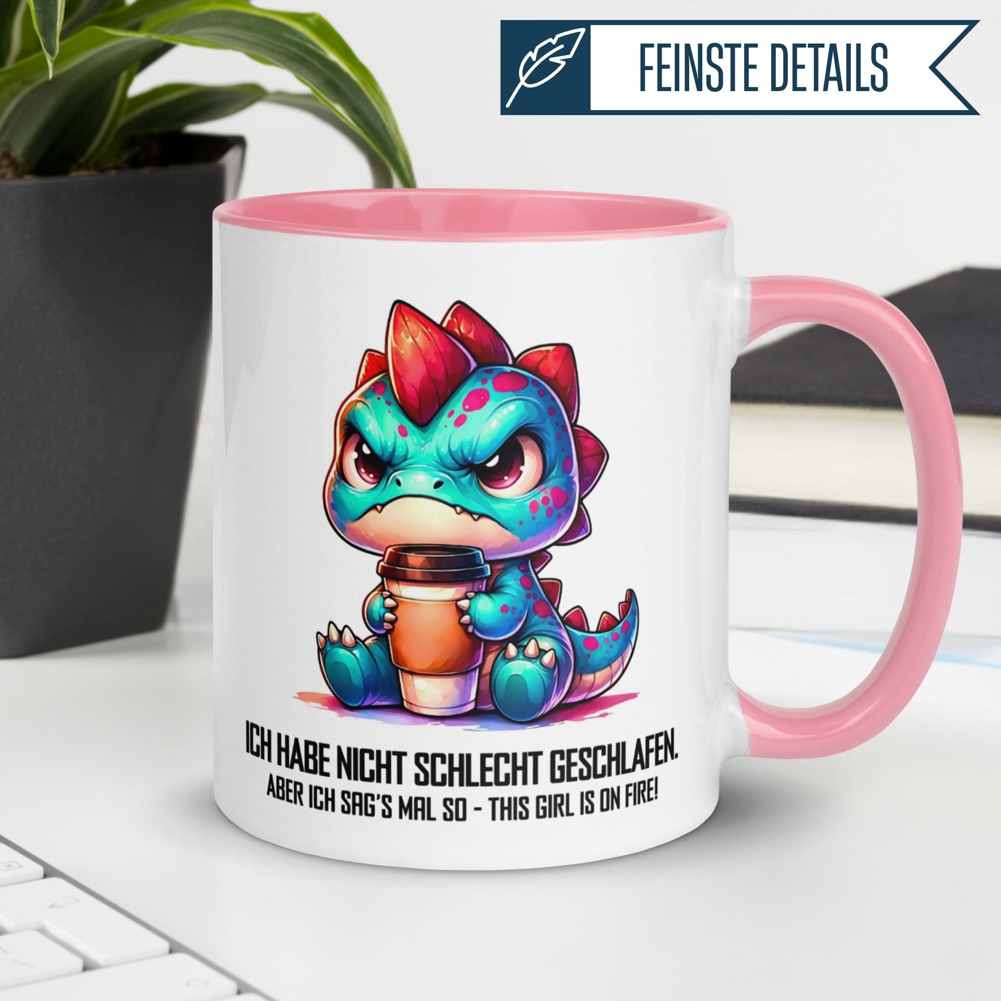 Momentals® Dino Mug with playful slogan 'Ich habe nicht schlecht geschlafen' for morning grumps, pink handle design.