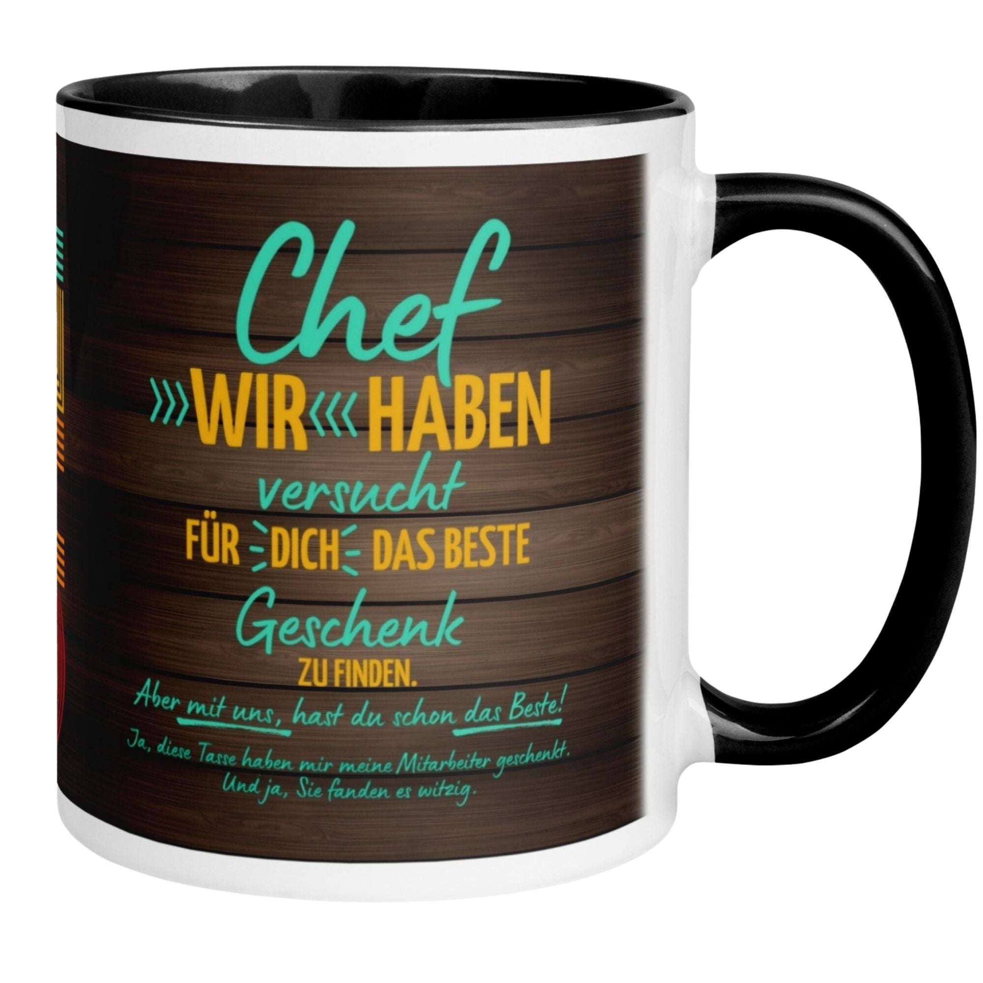 Momentals® Tasse für Chef, bunt bedruckt mit humorvollem Spruch über Wertschätzung und Geschenke.